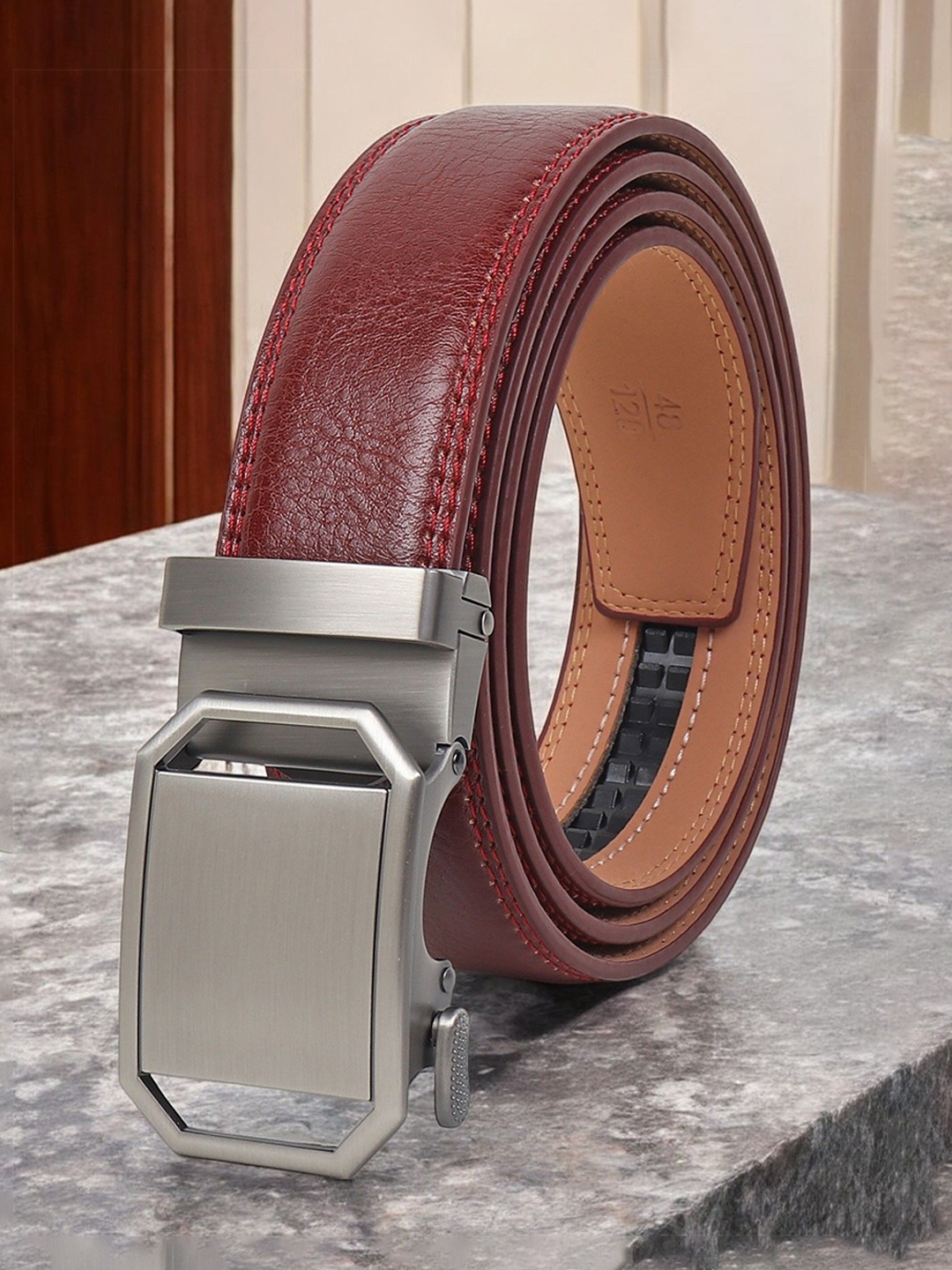 

INVICTUS Men Slider Buckle Closure Textured Casual Belt, Red