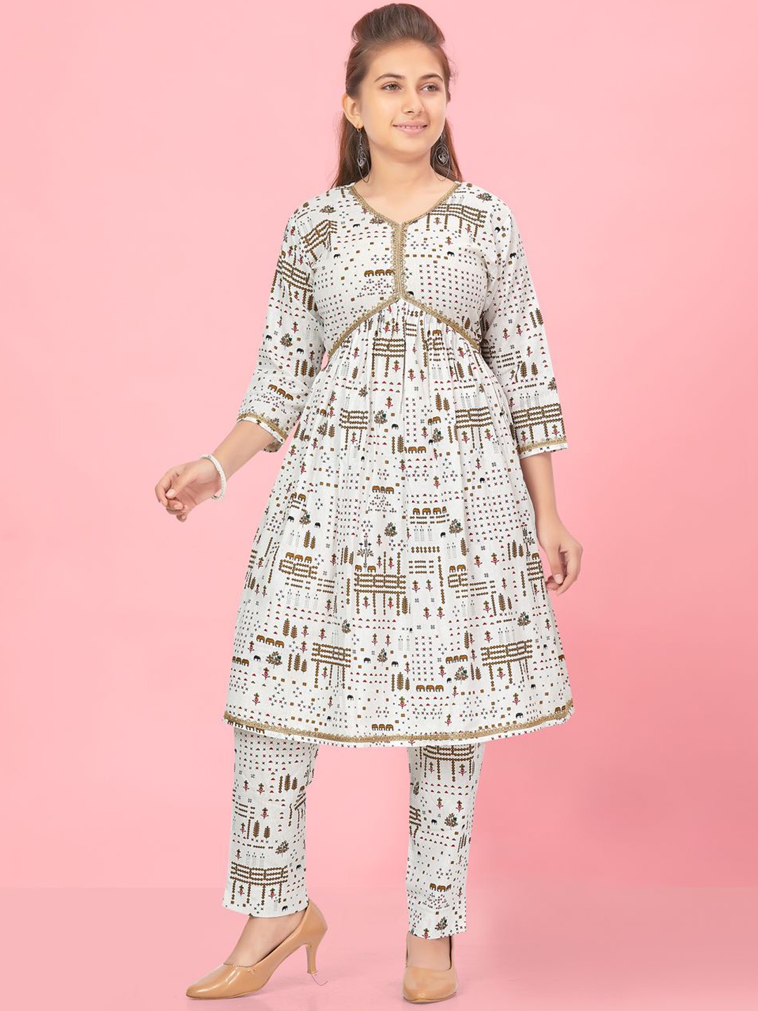 

BAESD Girls Ethnic Motifs Printed Empire Pure Cotton A-Line Kurta With Sharara, Cream