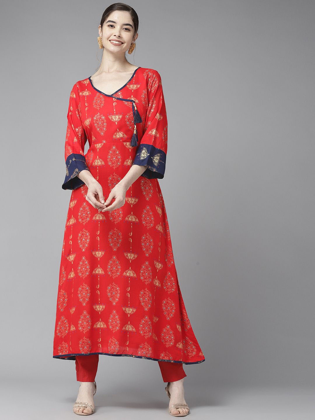 

BAESD Ethnic Motifs Printed V-Neck Angrakha A-Line Kurta, Red