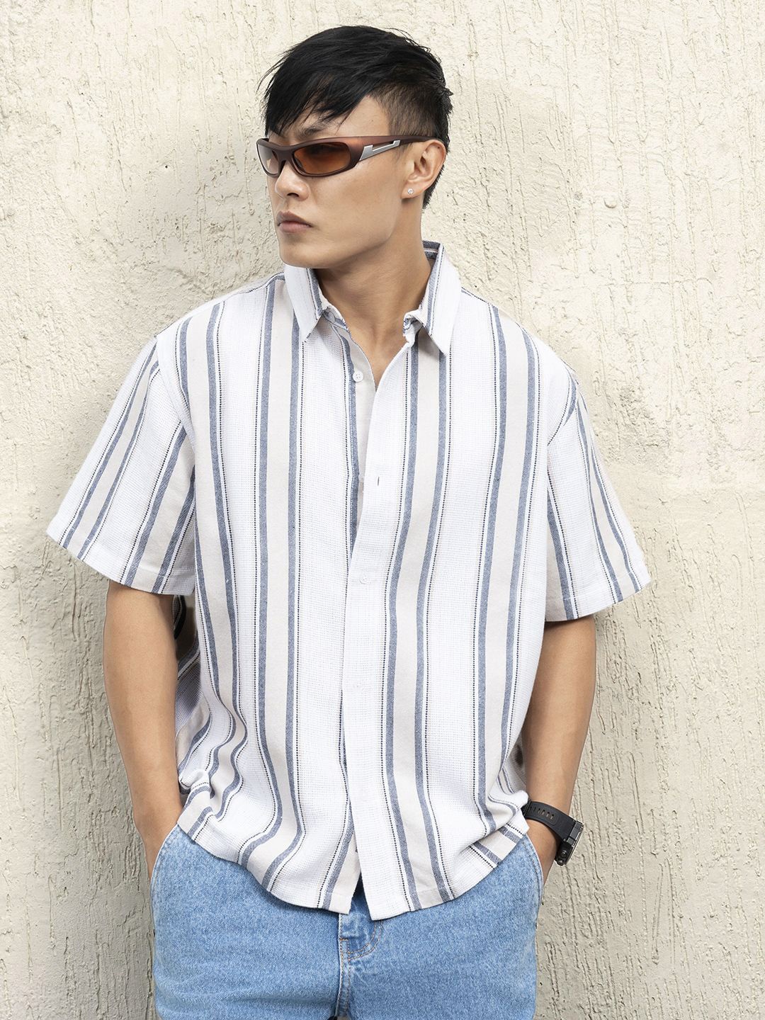 

Hubberholme Men Standard Spread Collar Striped Cotton Oversized Casual Shirt, White