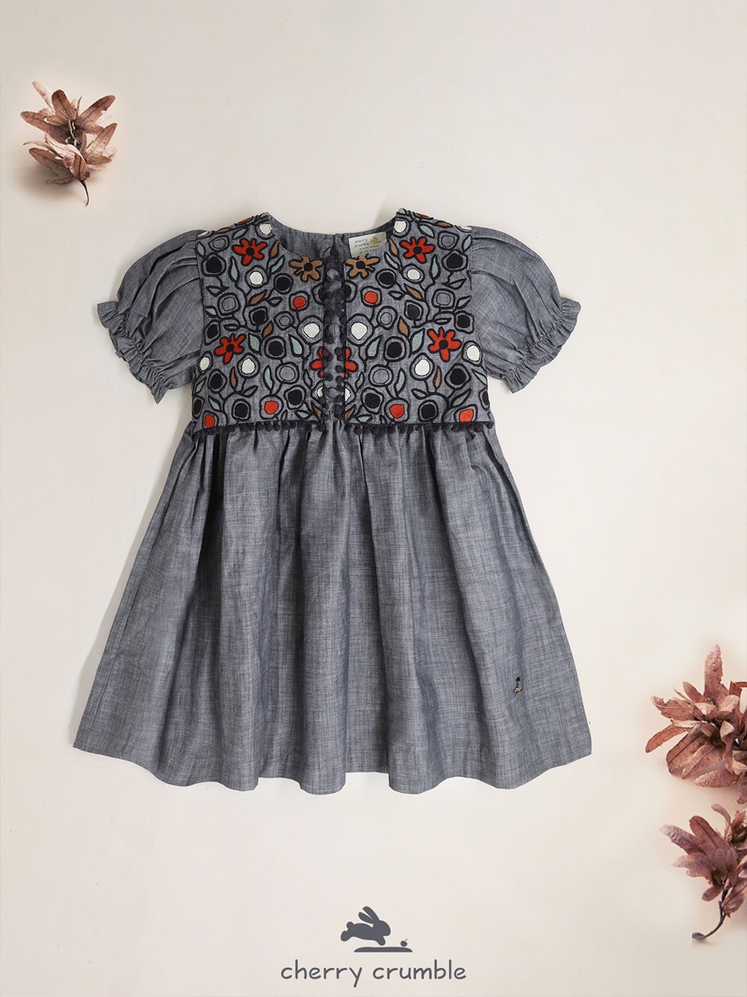 

Cherry Crumble Girls Floral Print Puff Sleeve Fit & Flare Dress, Grey