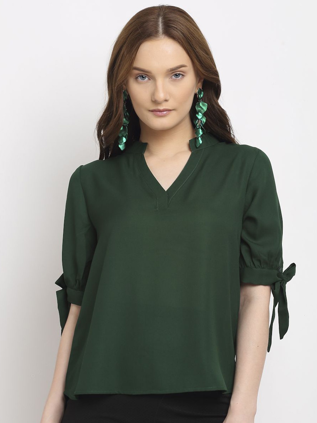 

La Zoire Women Solid Mandarin Collar Top, Green