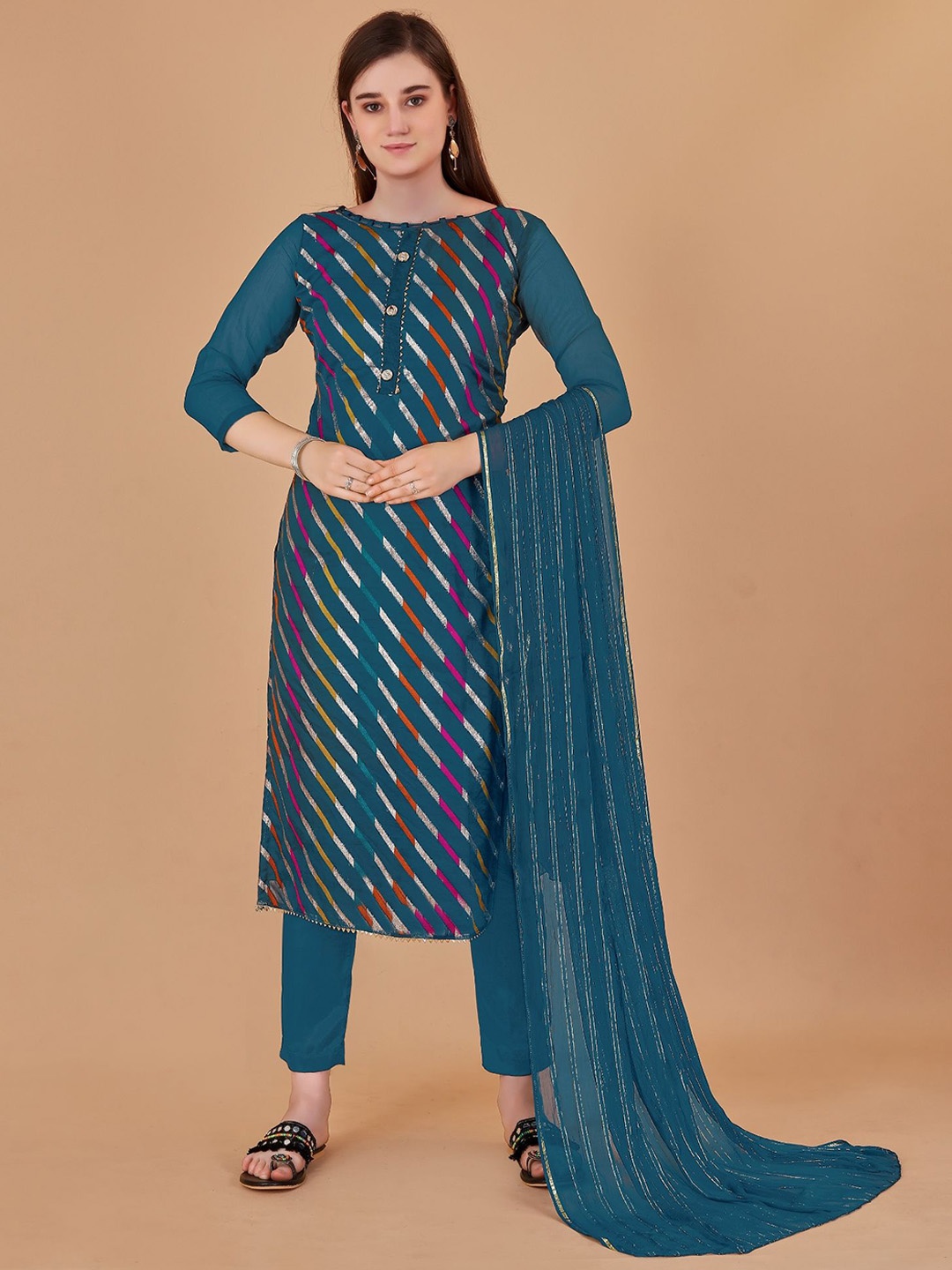 

LADY SHOPI Striped Embroidered Unstitched Dress Material, Teal
