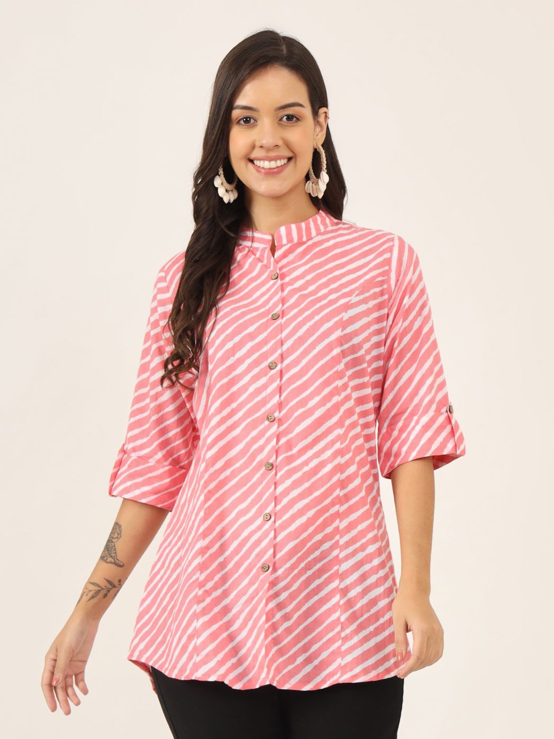 

KALINI Women Striped Mandarin Collar Cotton Top, Pink