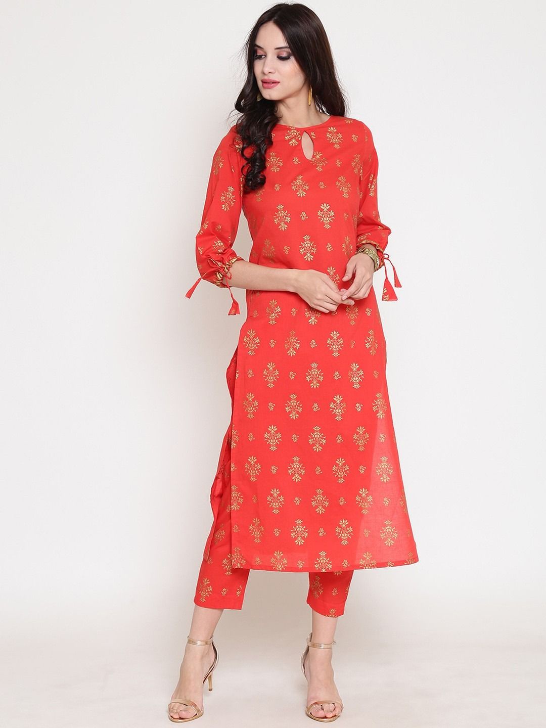 

Sera Ethnic Motifs Foil Printed Keyhole Neck Cotton Straight Kurta, Red