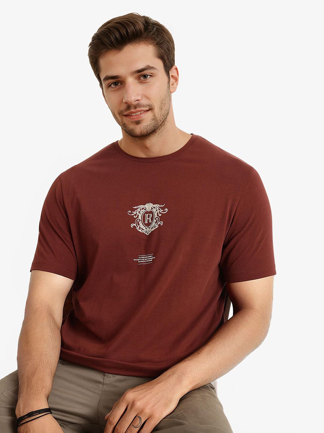 

RARE RABBIT Men Typography Printed T-shirt, Brown