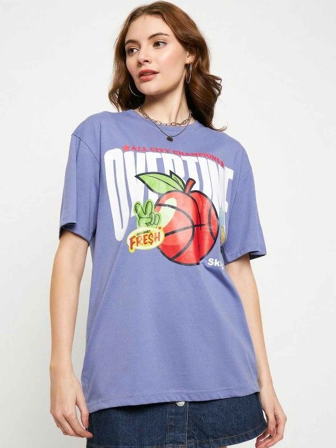 

Skidlers Women Typography Printed Round Neck Cotton Oversized T-Shirt, Purple