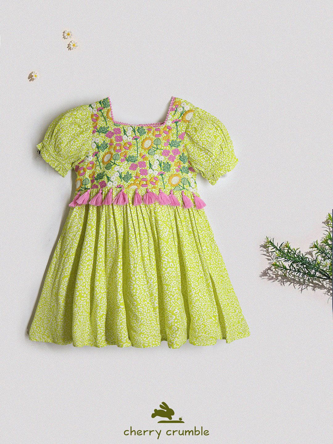 

Cherry Crumble Girls Cotton Floral Embroidery Puff Sleeve Fit & Flare Dress, Green