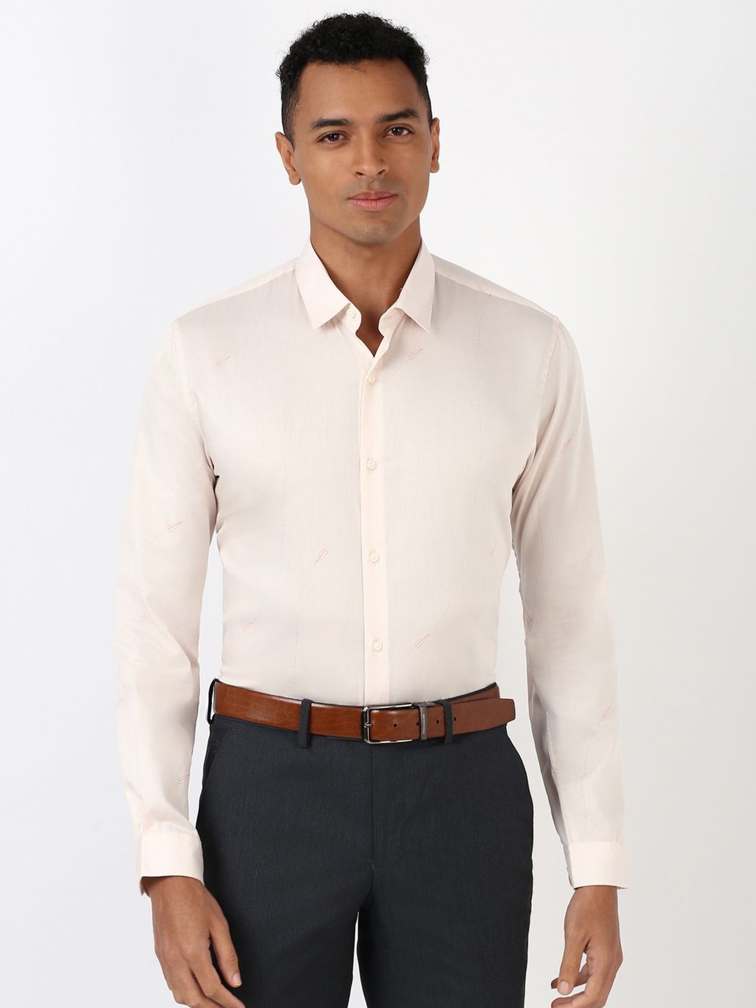 

Peter England Men Spread Collar Solid Cotton Slim Fit Formal Shirt, Beige