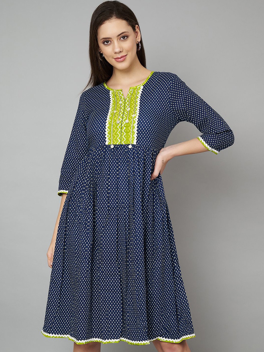 

FABRIC FITOOR Floral Printed Notched Round Neck Cotton A-Line Dress, Navy blue