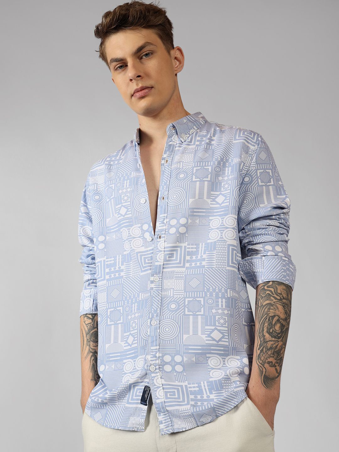 

Dennis Lingo Men Button Down Collar Abstract Printed Cotton Relaxed Fit Casual Shirt, Blue