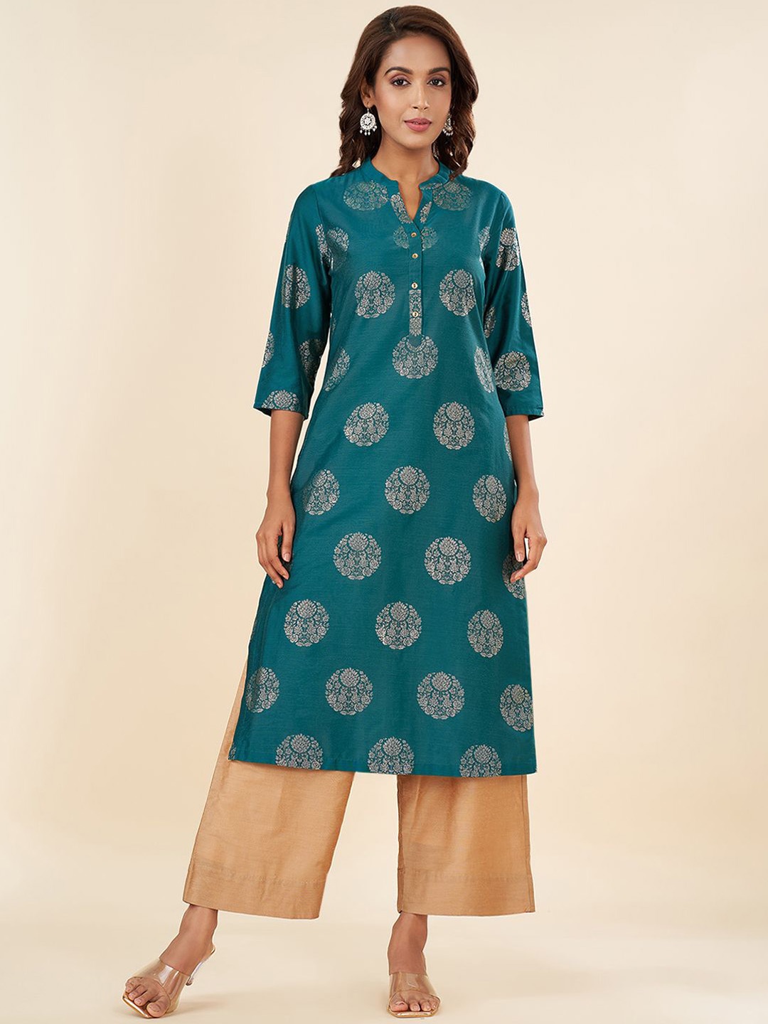 

RANGMANCH BY PANTALOONS Ethnic Motifs Woven Design Mandarin Collar Zari Kurta, Teal