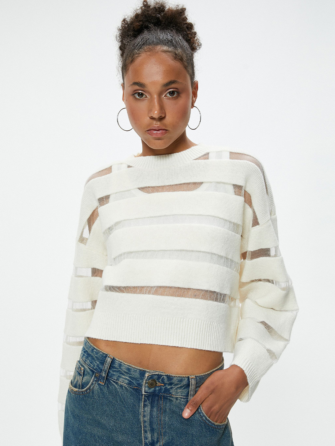 

Koton Striped Semi Sheer Top, Beige