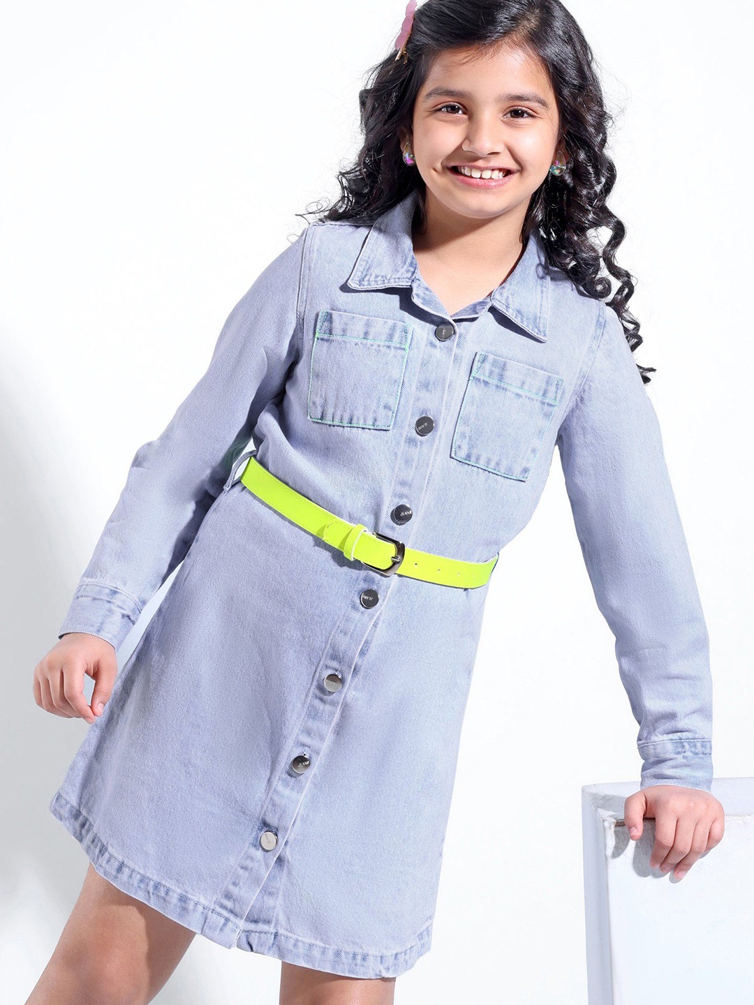 

Hola Bonita Girls Cotton Shirt Collar Denim Shirt Dress, Blue