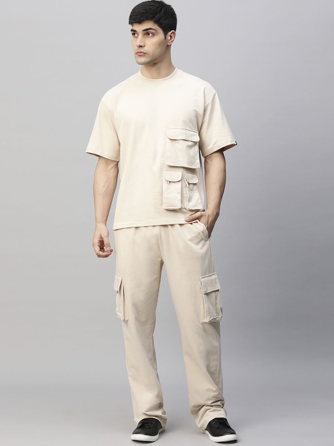 

PRONK Round Neck Pure Cotton T-Shirt With Cargo, Beige