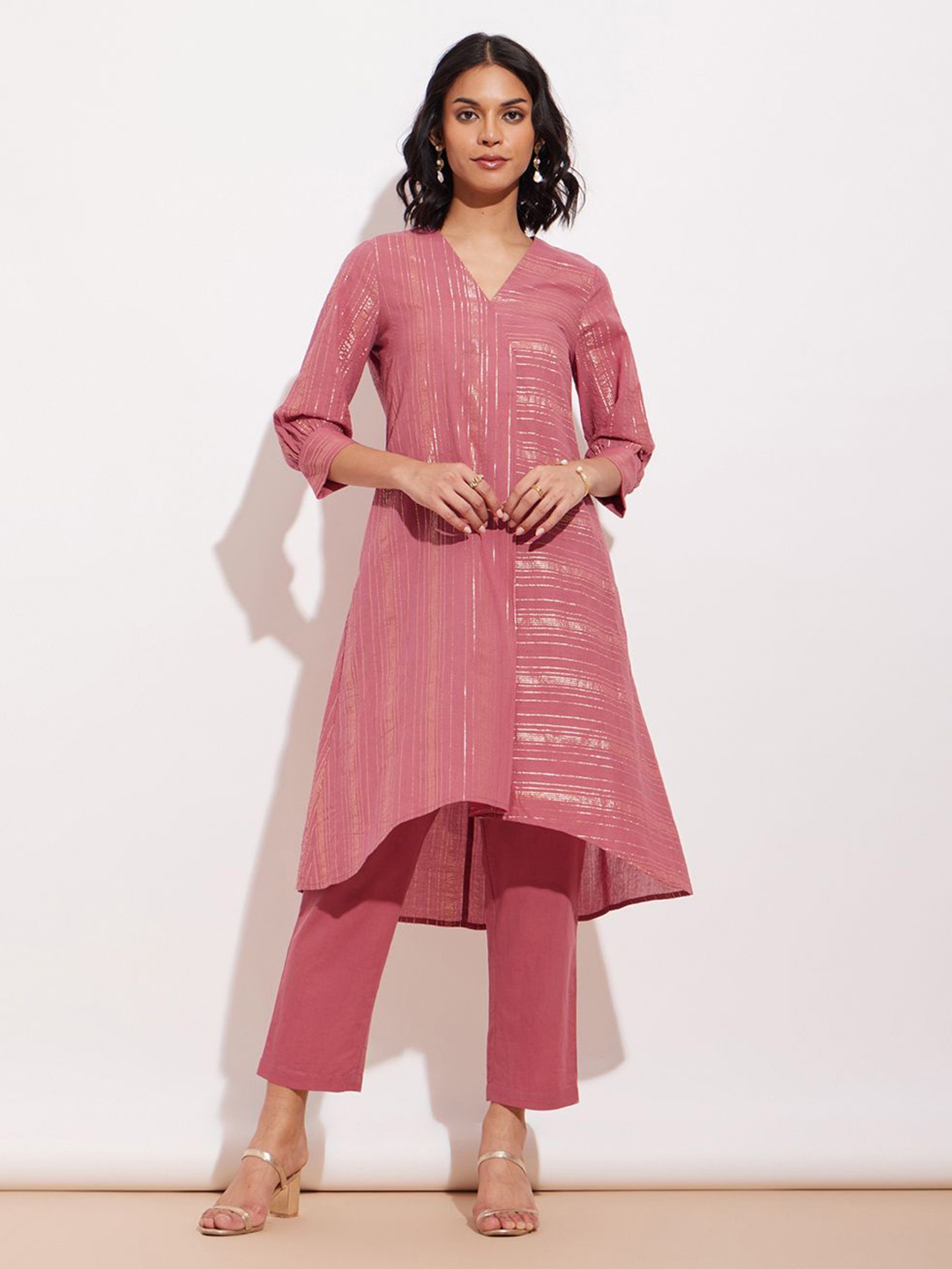 

Pink Fort Striped V-Neck Pure Cotton Tunic With Trousers