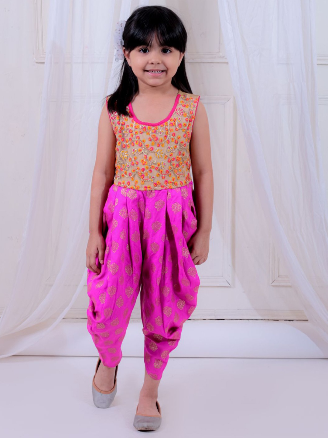 

Twisha Girls Basic Dhoti Style Jumpsuit with Embroidered Work, Beige