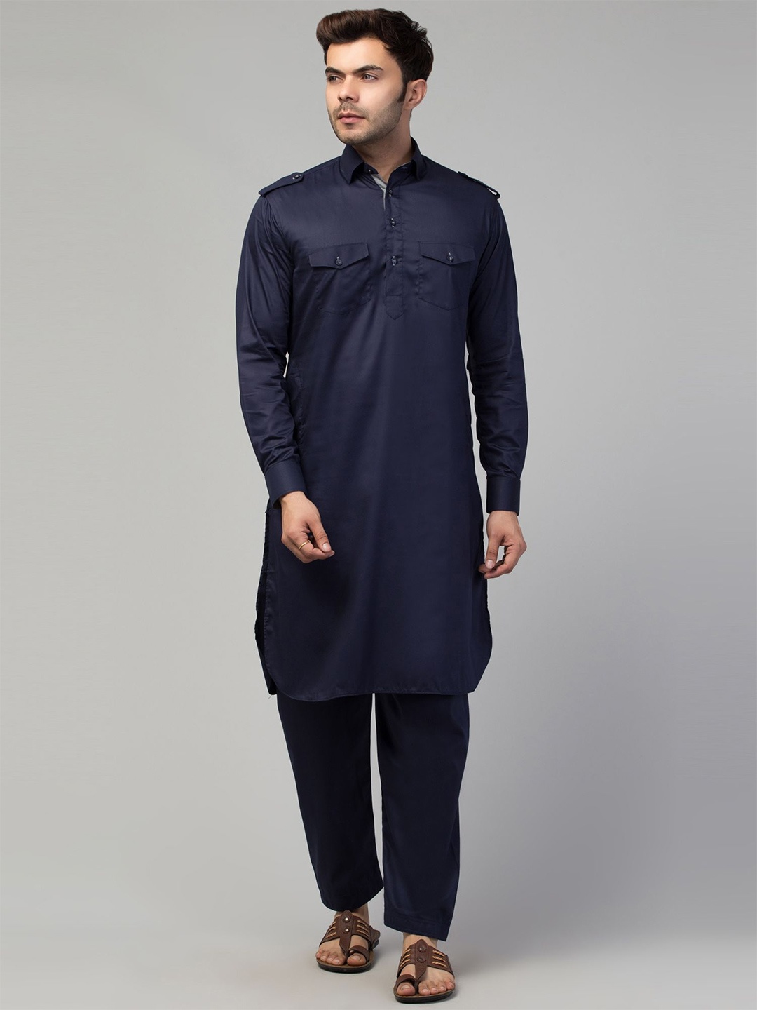 

MUSHKIYA Mandarin Collar Pure Cotton Pathani Kurta With Salwar, Navy blue