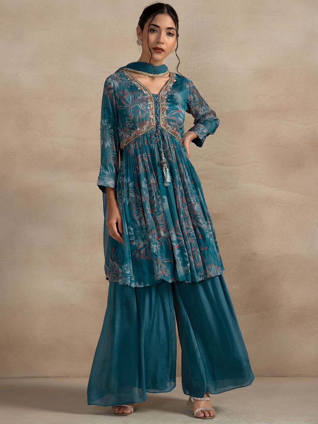 

Rang by Indya Women Floral Printed Empire Kurta with Sharara & With Dupatta, Blue