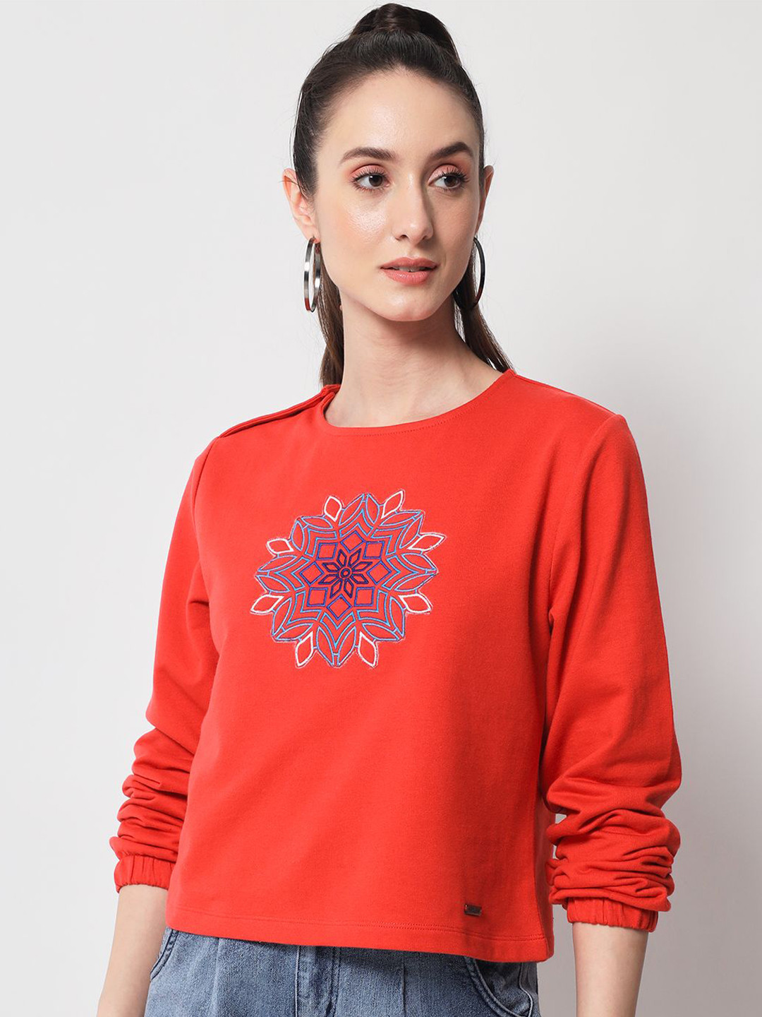 

Yaadleen Women Floral Printed Embroidered Round Neck Cotton Top, Red
