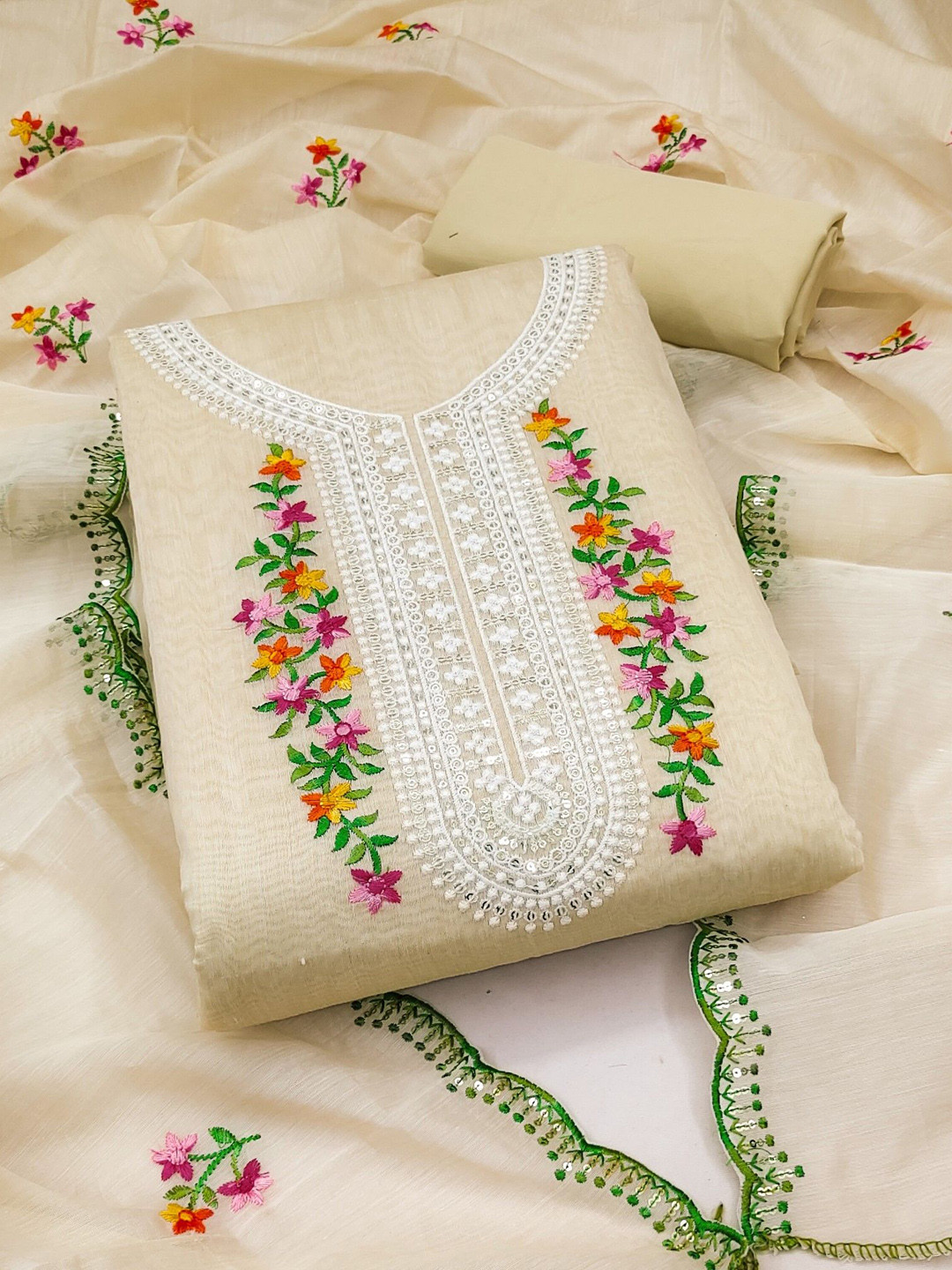 

LeeliPeeri Designer Embroidered Unstitched Dress Material, Cream
