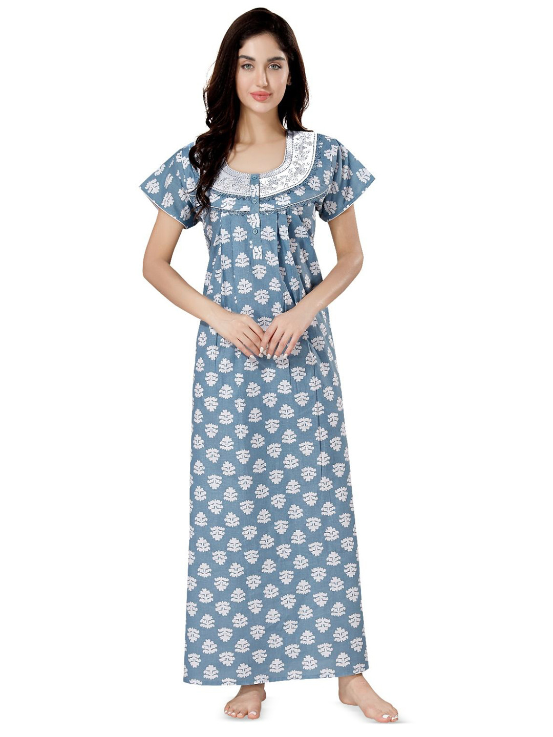 

Soulemo Printed Embroidered Pure Cotton Maxi Nightdress, Blue