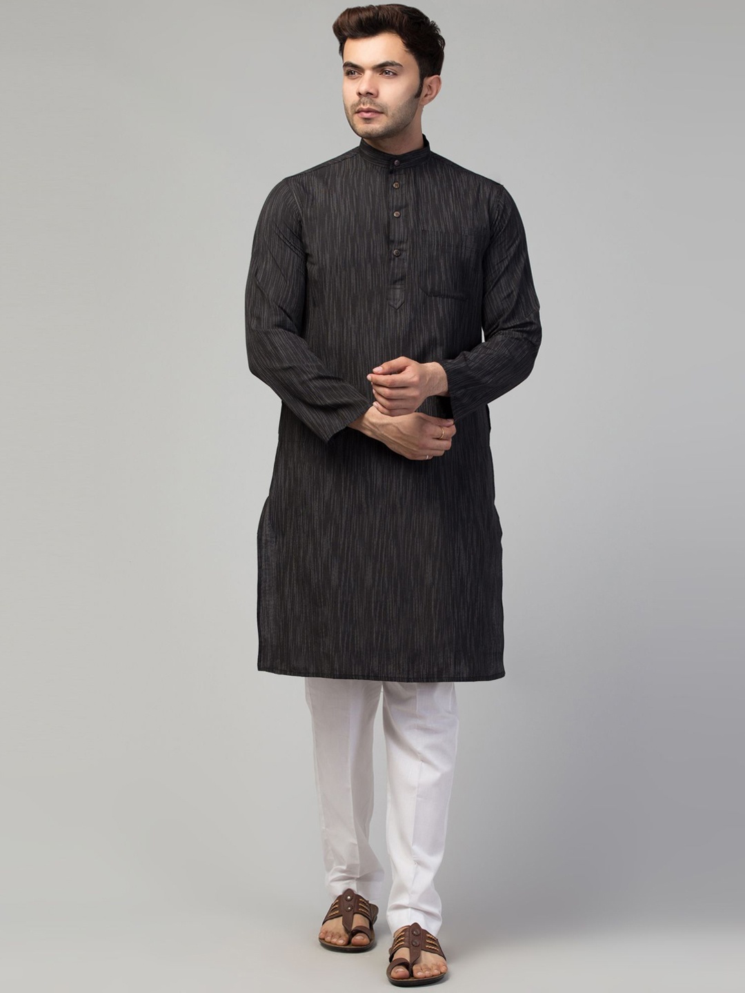 

MUSHKIYA Printed Mandarin Collar Pure Cotton Kurta, Black
