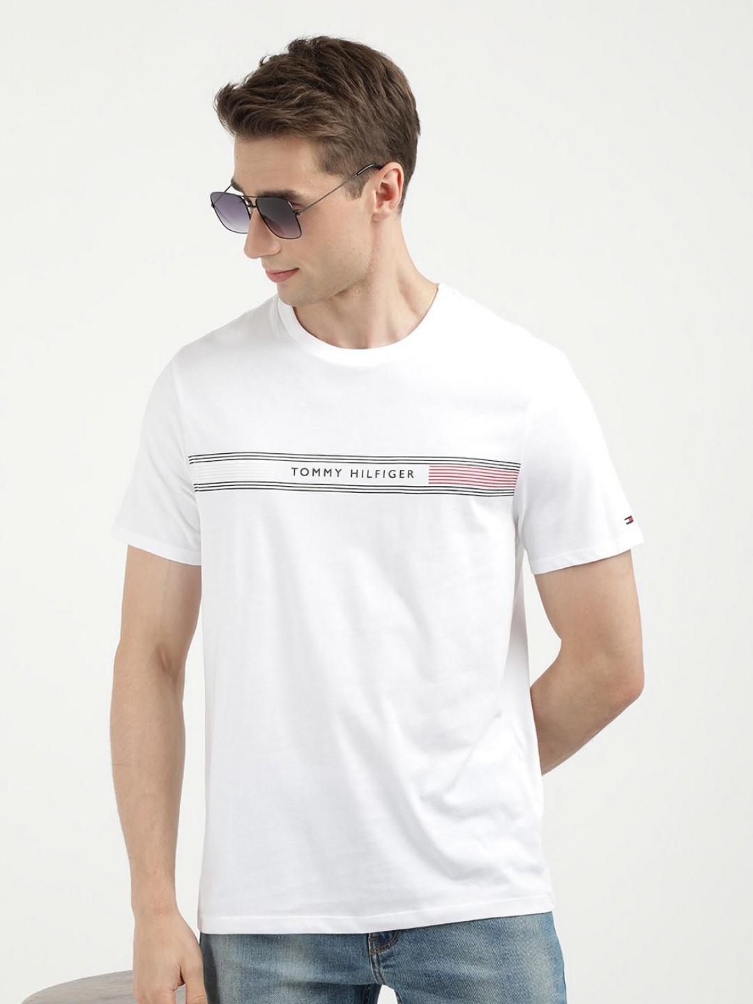 

Tommy Hilfiger Men Striped Round Neck Cotton T-Shirt, White