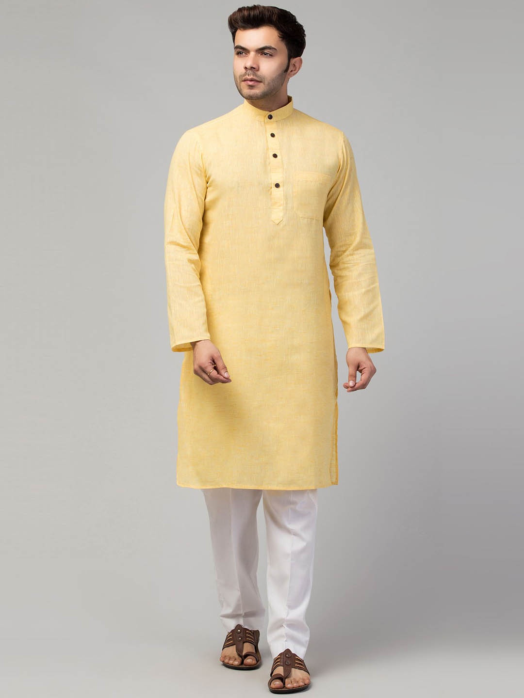 

MUSHKIYA Textured Band Collar Straight Kurta, Mustard