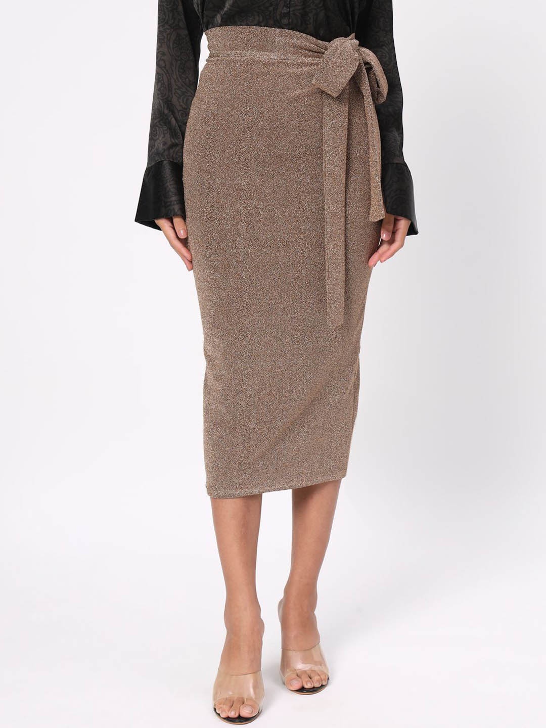 

DEPANO Self Design Flared Midi Skirts, Brown