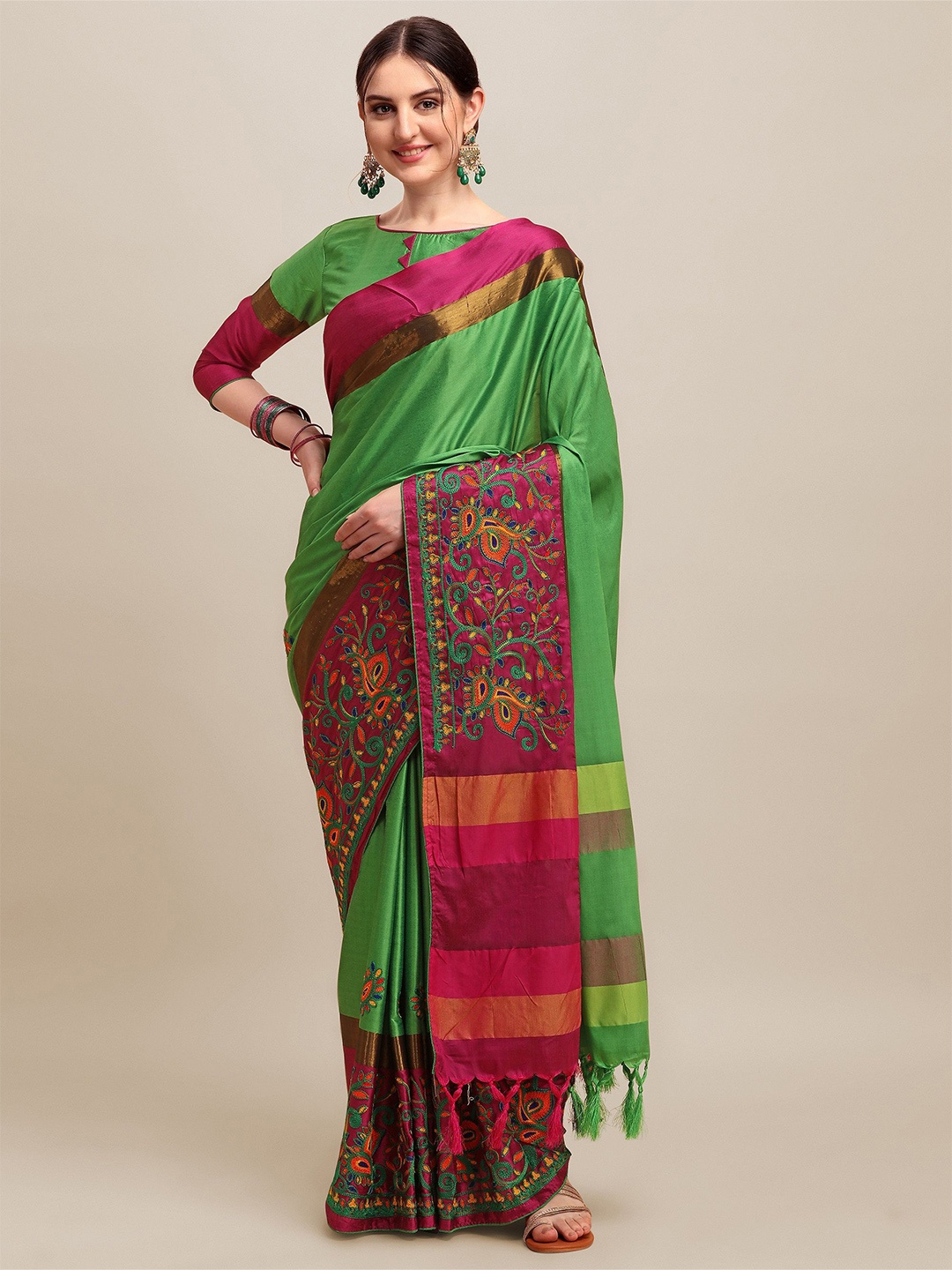 

KALINI Floral Embroidered Silk Cotton Saree, Green