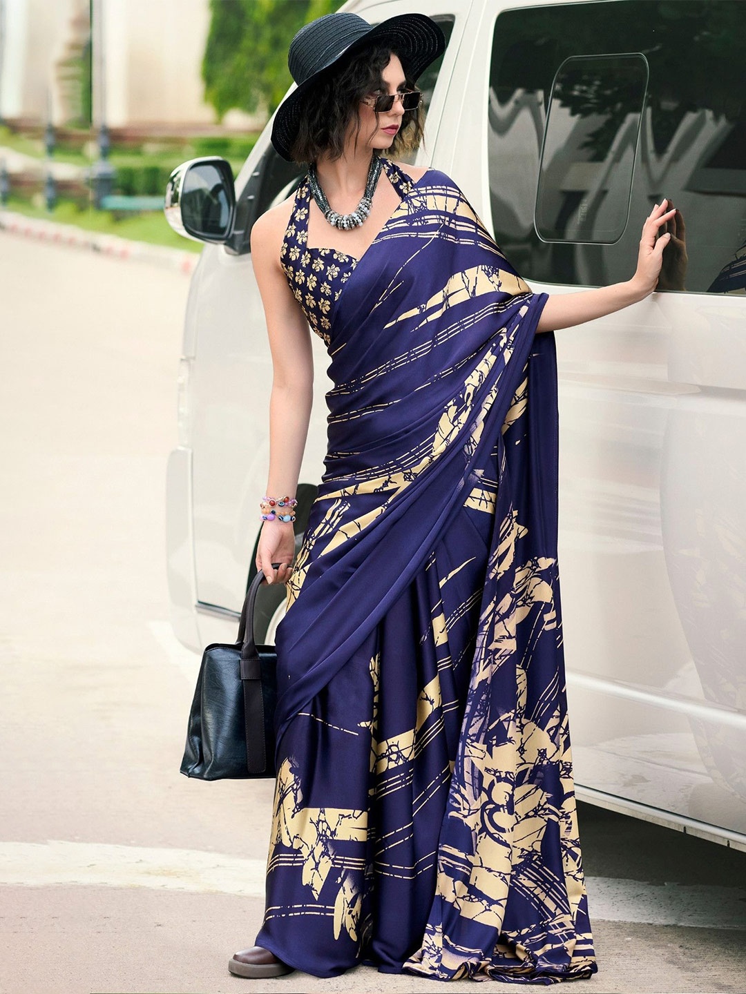 

MySilkLove Satin Printed Saree, Blue