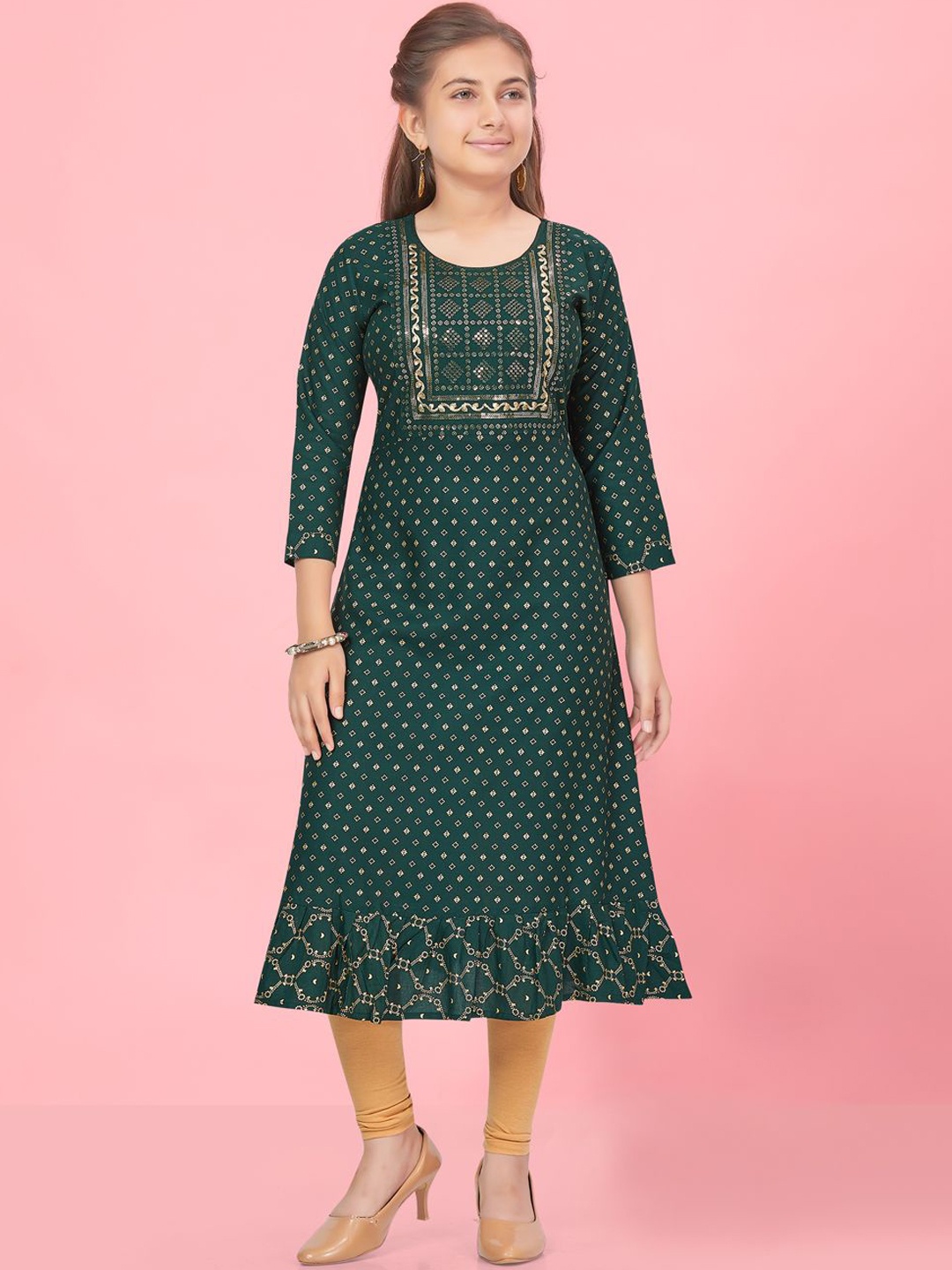 

BAESD Girls Geometric Printed Sequinned Regular Cotton A-Line Kurta, Green