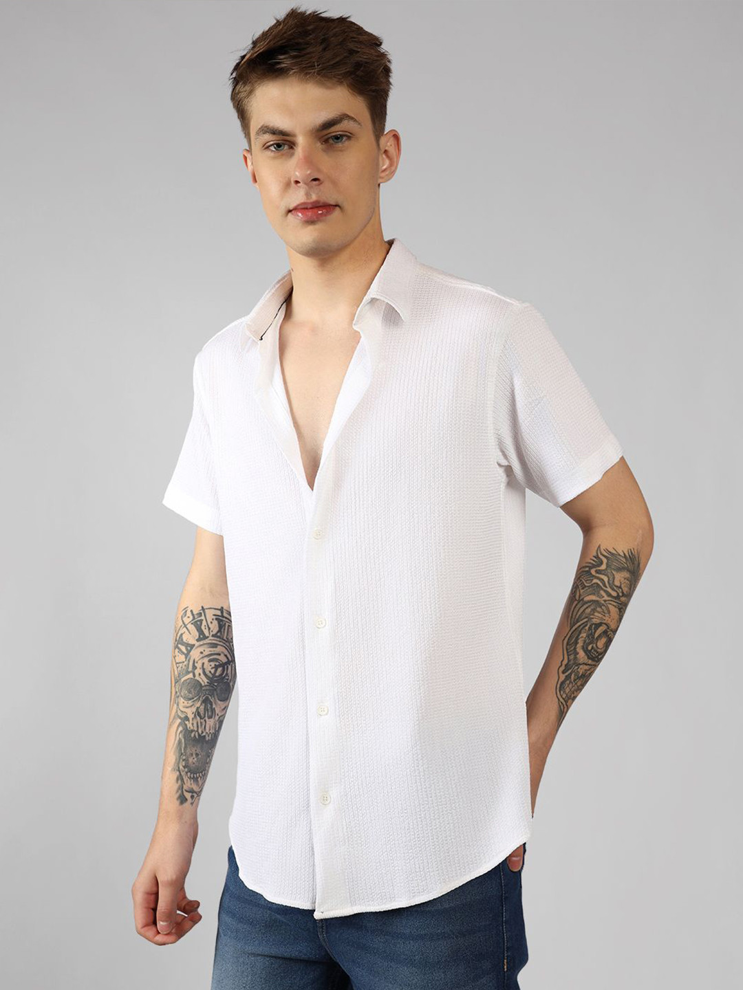 

Dennis Lingo Men Spread Collar Self Design Cotton Casual Shirt, White