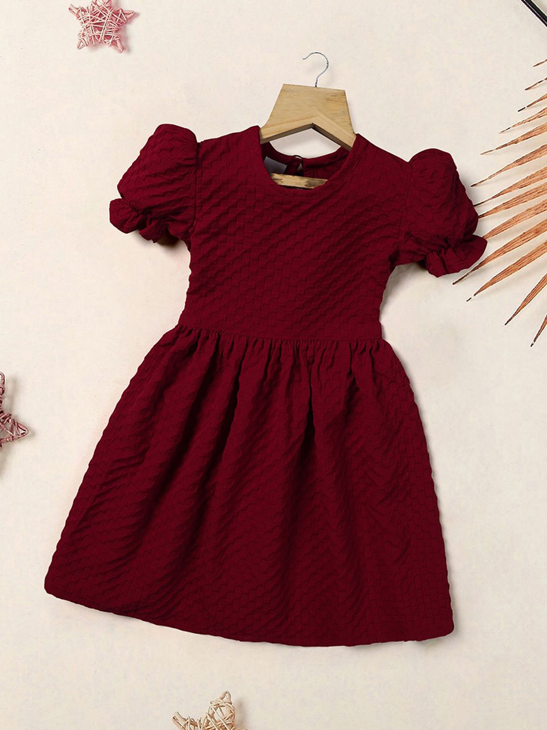 

OMPAX Striped Girls Puff Sleeve Fit & Flare Dress, Maroon
