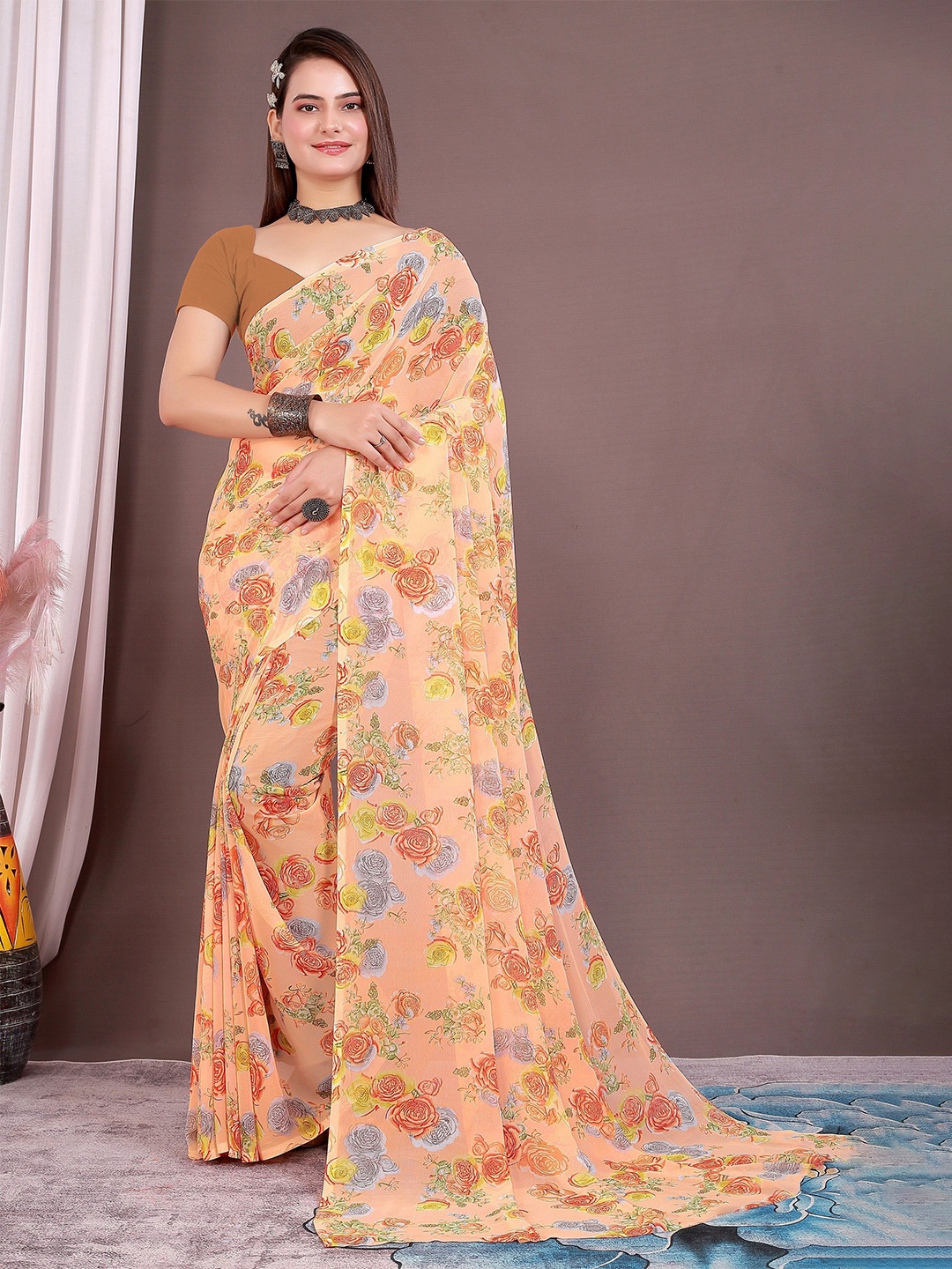

HERE&NOW Floral Pure Georgette Saree, Peach