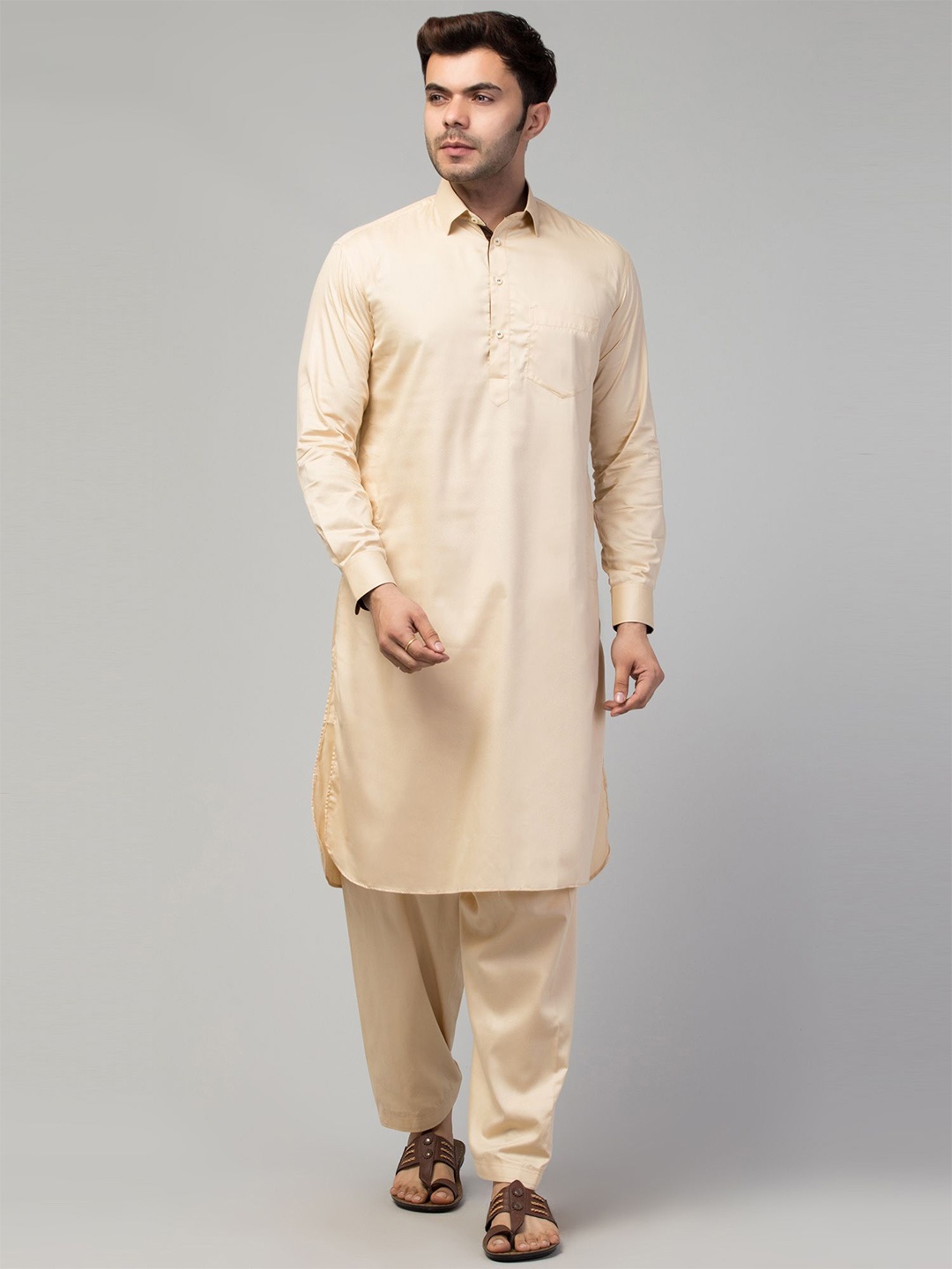 

MUSHKIYA Shirt Collar Regular Pure Cotton Pathani Kurta With Salwar, Cream
