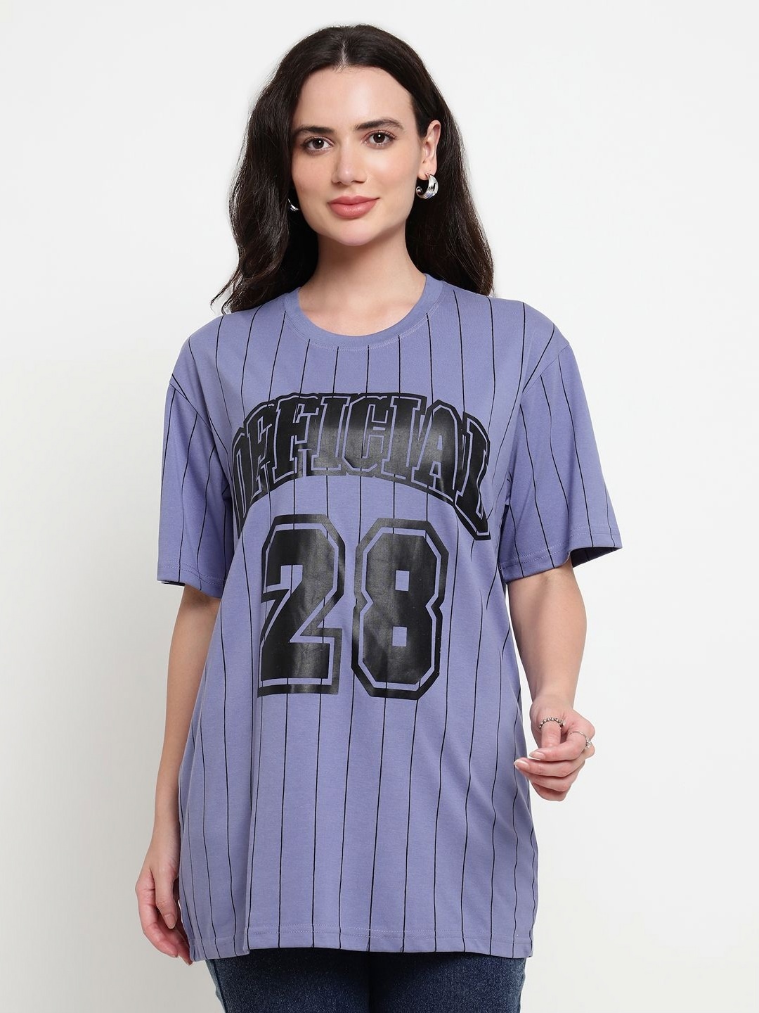 

Skidlers Women Striped Round Neck Cotton Oversized T-Shirt, Purple