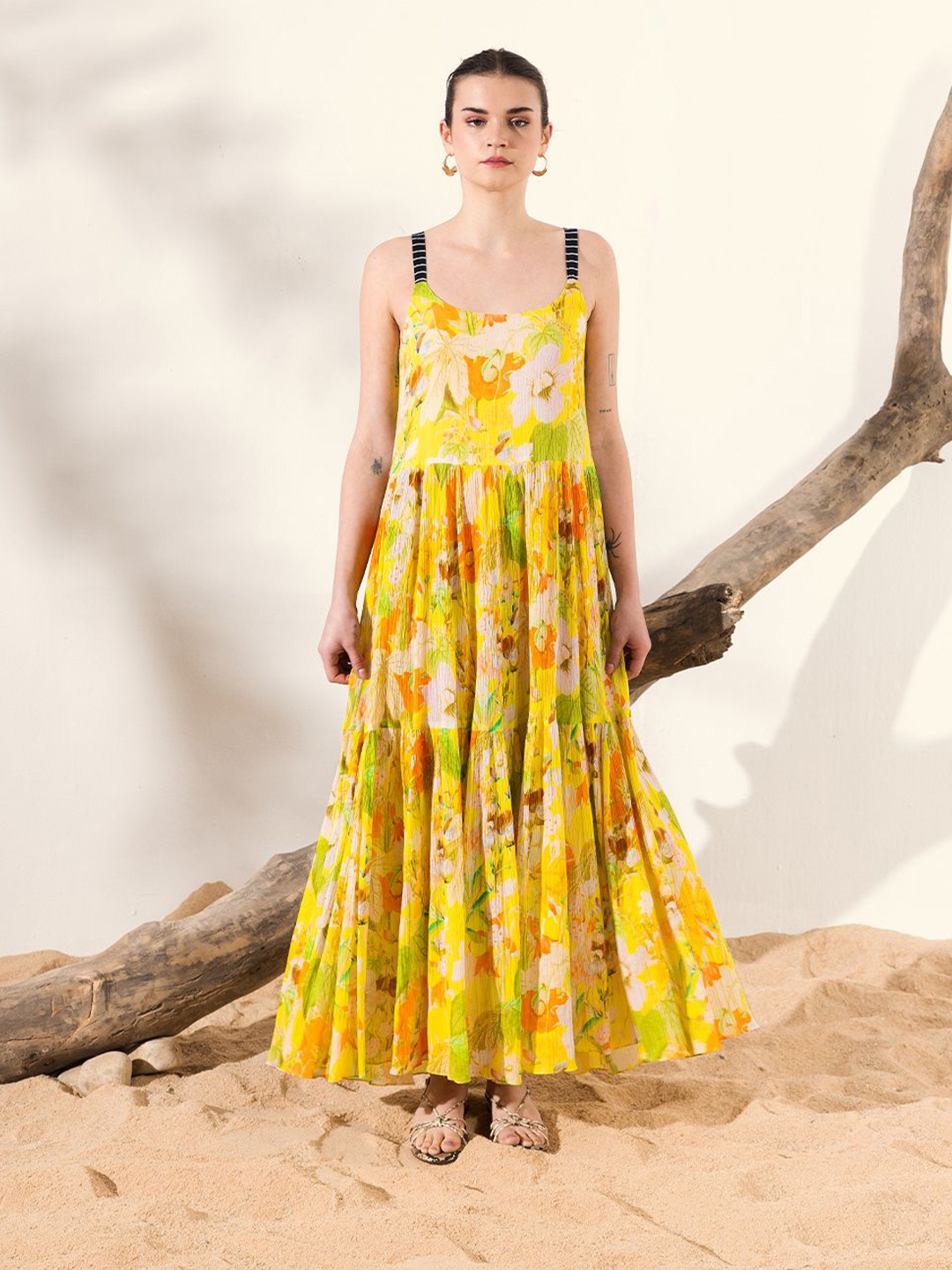

REENA SHARMA Floral Print Crepe Maxi Dress, Yellow