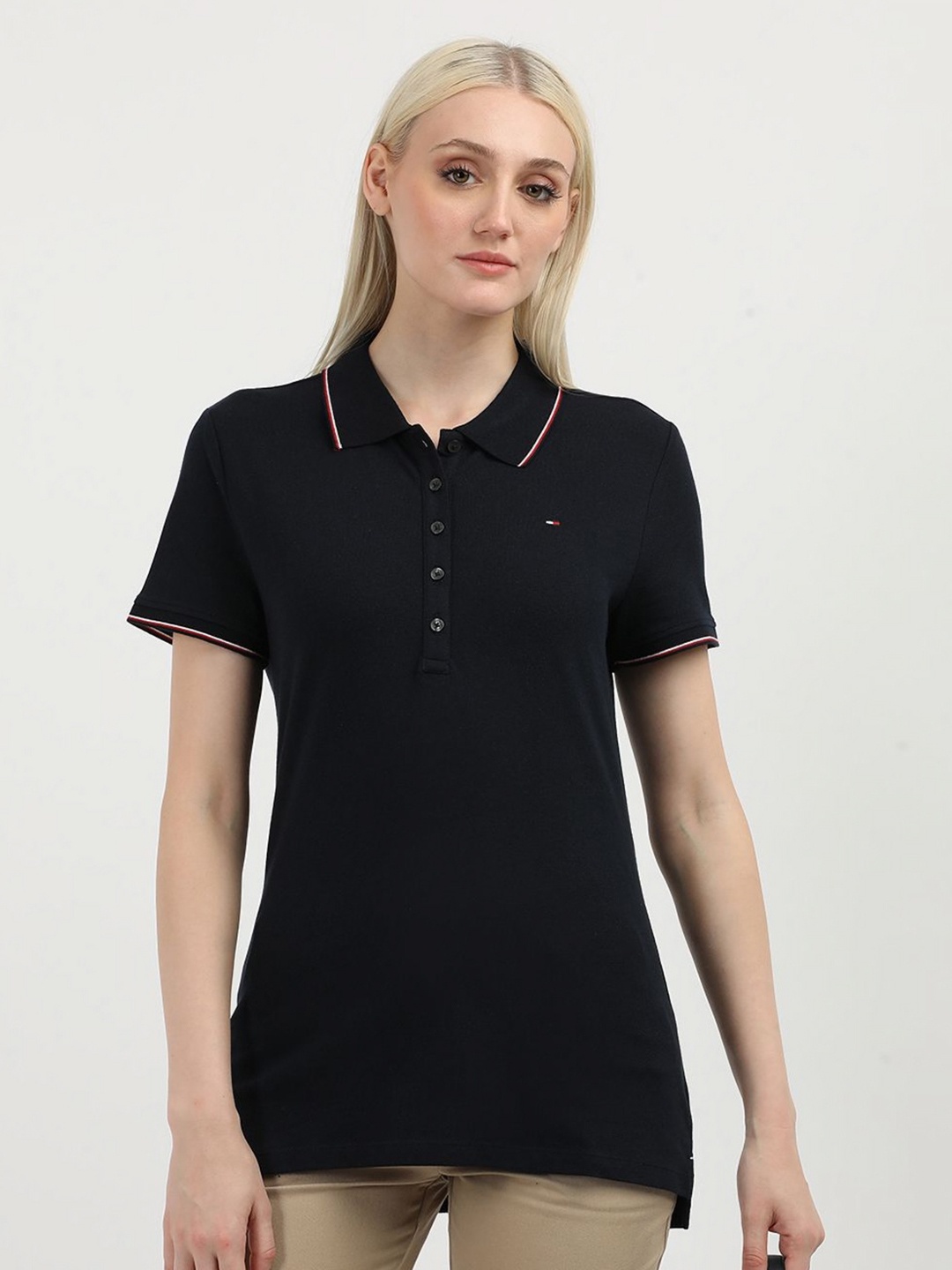 

Tommy Hilfiger Women Solid Polo Collar Cotton T-Shirt, Blue
