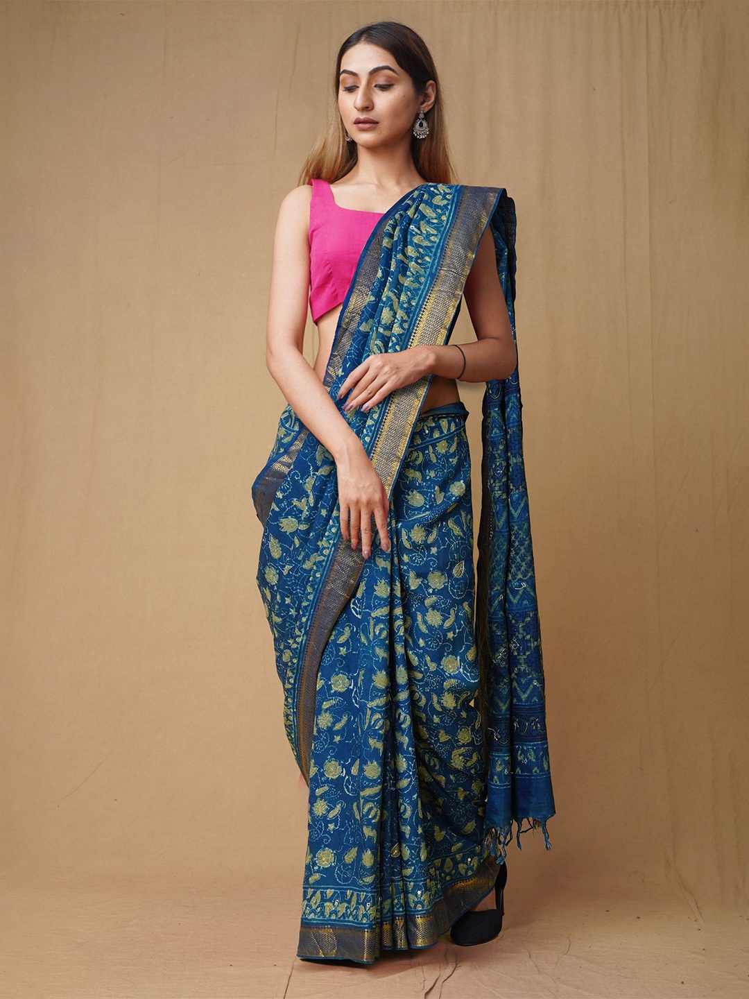 

Unnati Silks Ajrak Block Zari Handloom Chanderi Saree, Blue