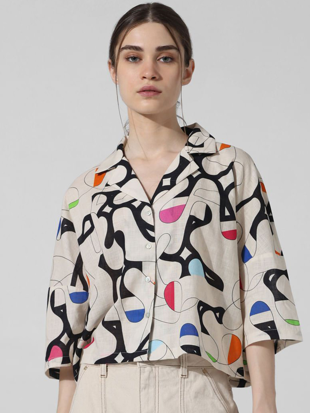 

Sitanjali Women Abstract Printed Lapel Collar Cotton Top, Beige