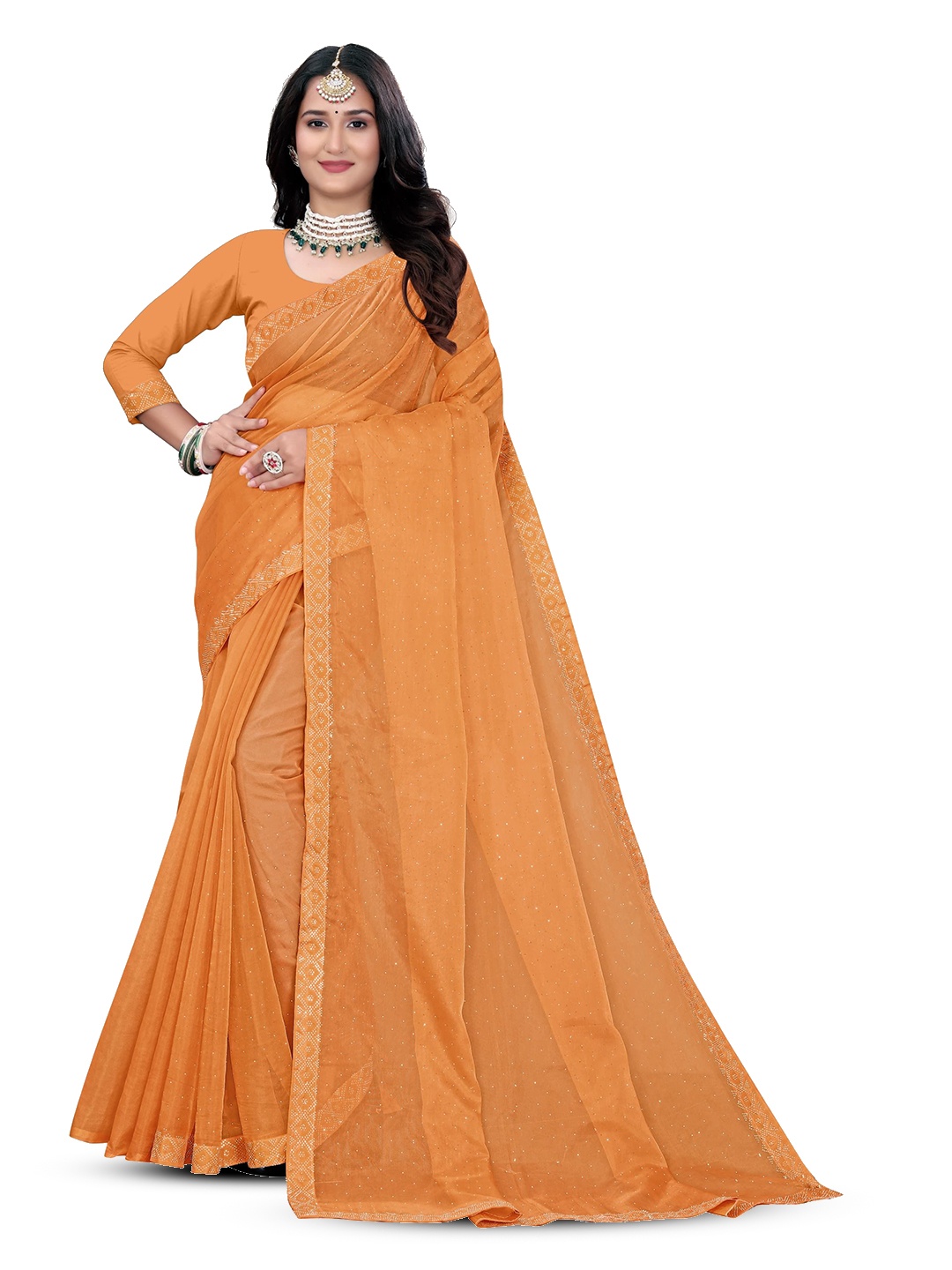 

Pemal Designer Embellished Beads and Stones Organza Saree, Peach