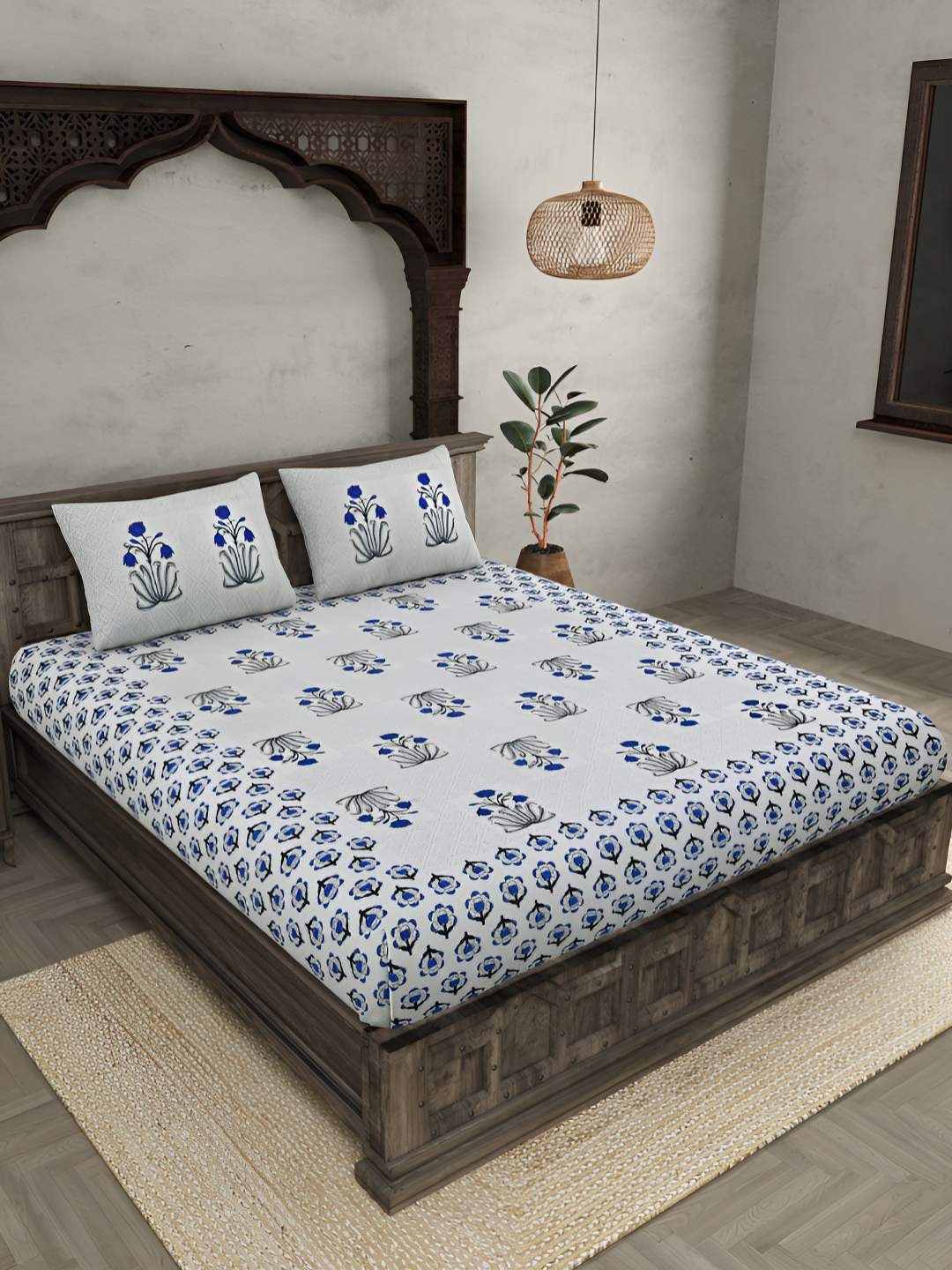 

BED-SHEET.COM Blue & White Pure Cotton Floral 144 TC King Bedsheet with 2 Pillow Covers