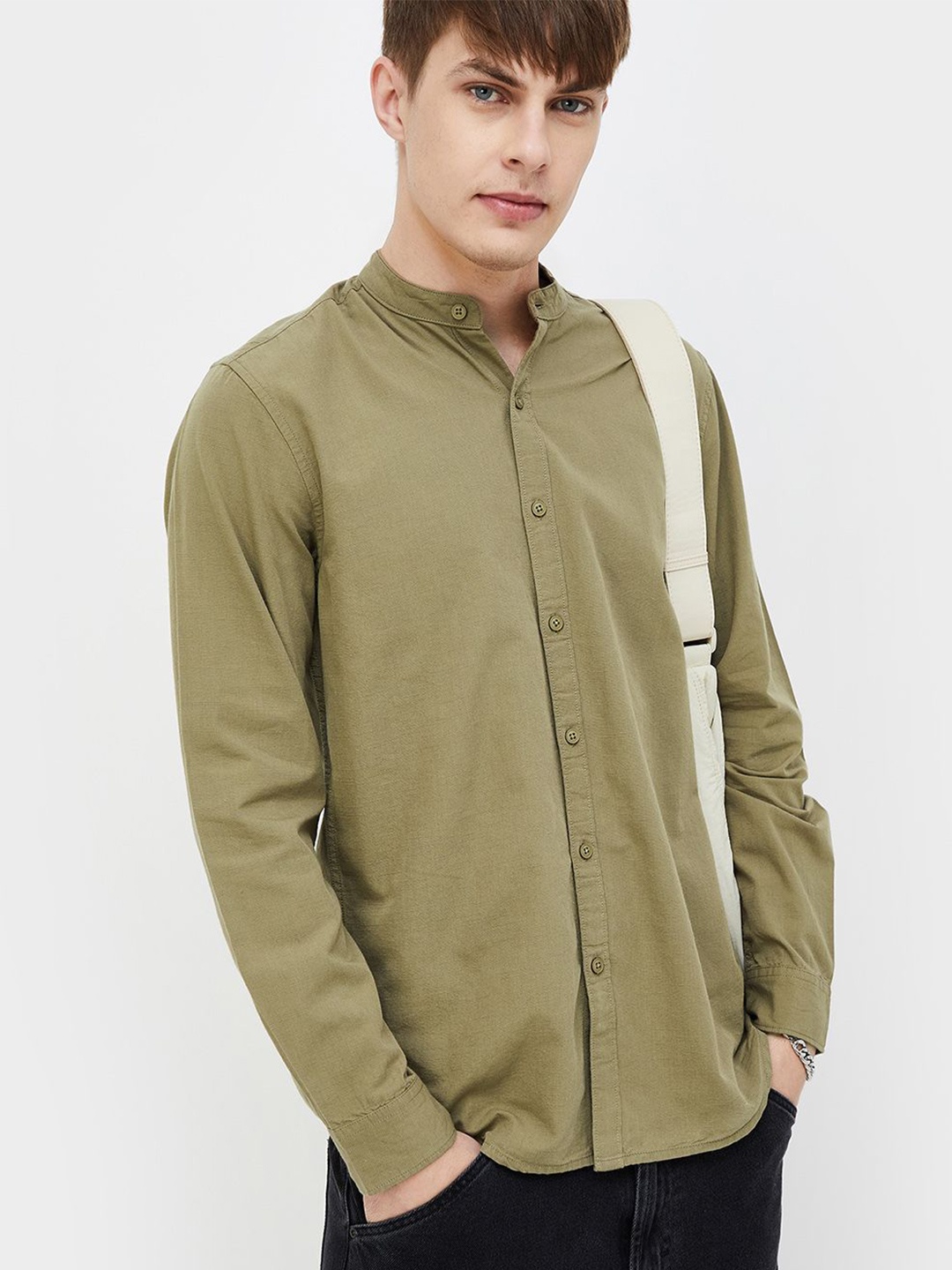 

Fame Forever by Lifestyle Men Mandarin Collar Solid Cotton Slim Fit Casual Shirt, Olive