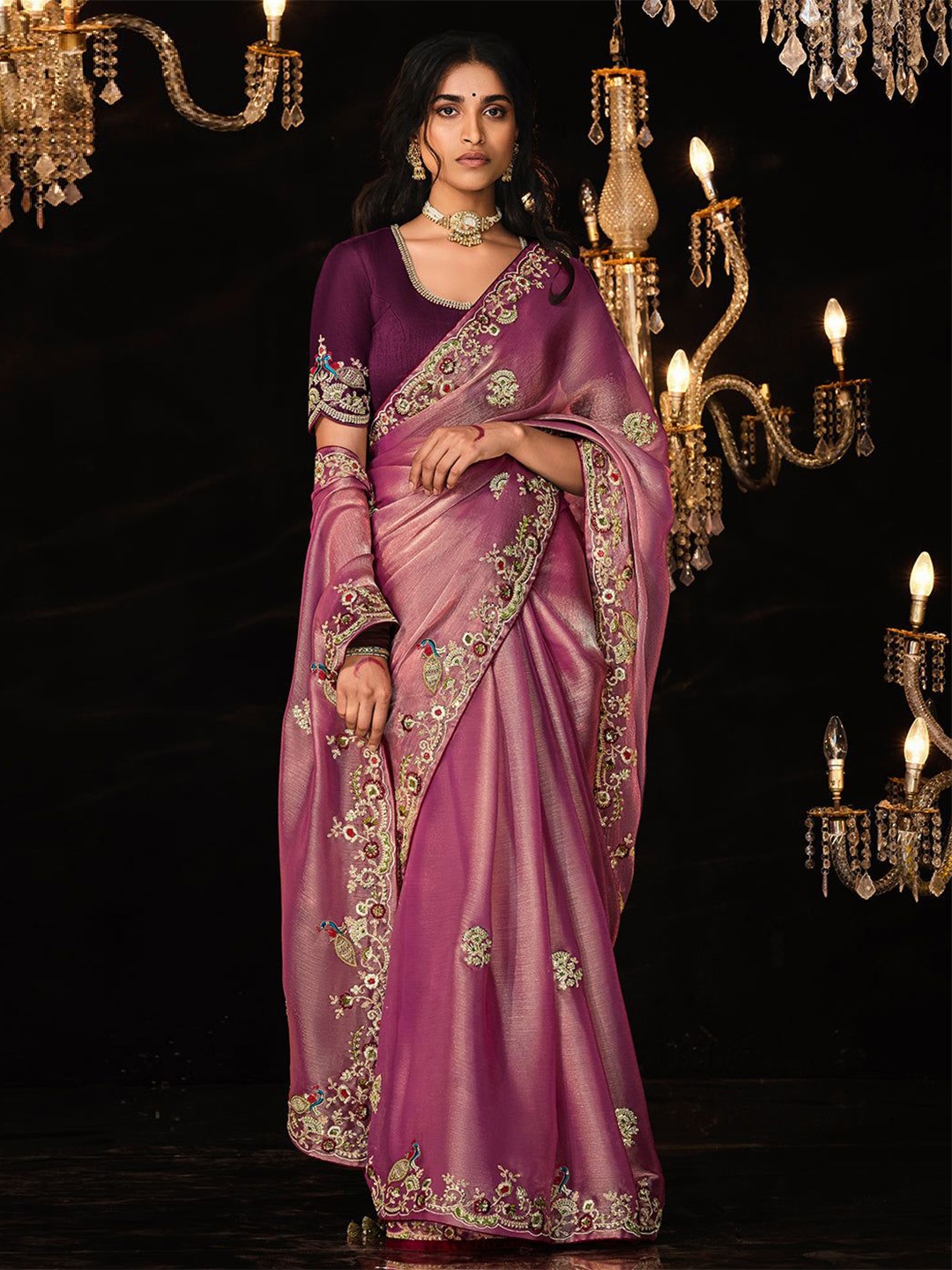 

MySilkLove Floral Embroidered Satin Saree, Purple