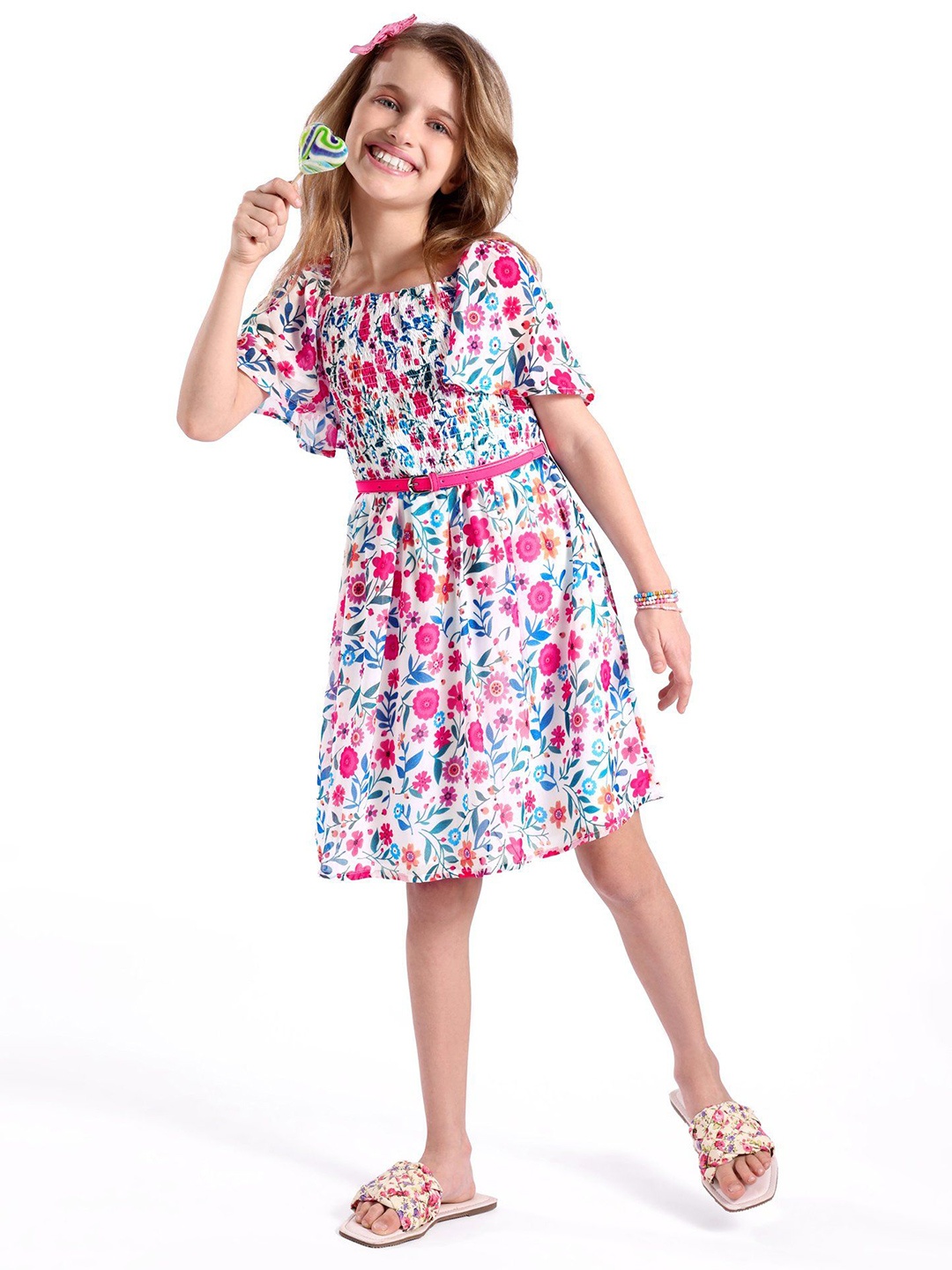 

Hola Bonita Girls Floral Printed Flared Sleeves Belted Fit & Flare Dress, White