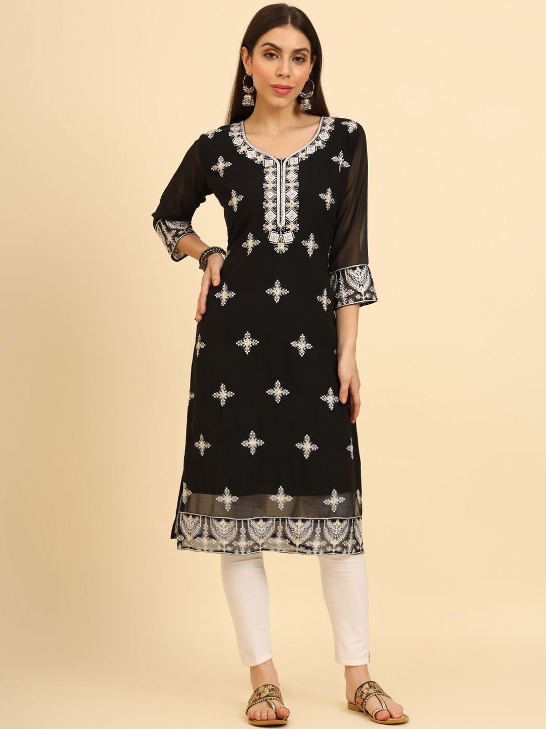 

VAIRAGEE Women Ethnic Motifs Printed Flared Sleeves Gotta Patti Georgette Kurta, Black