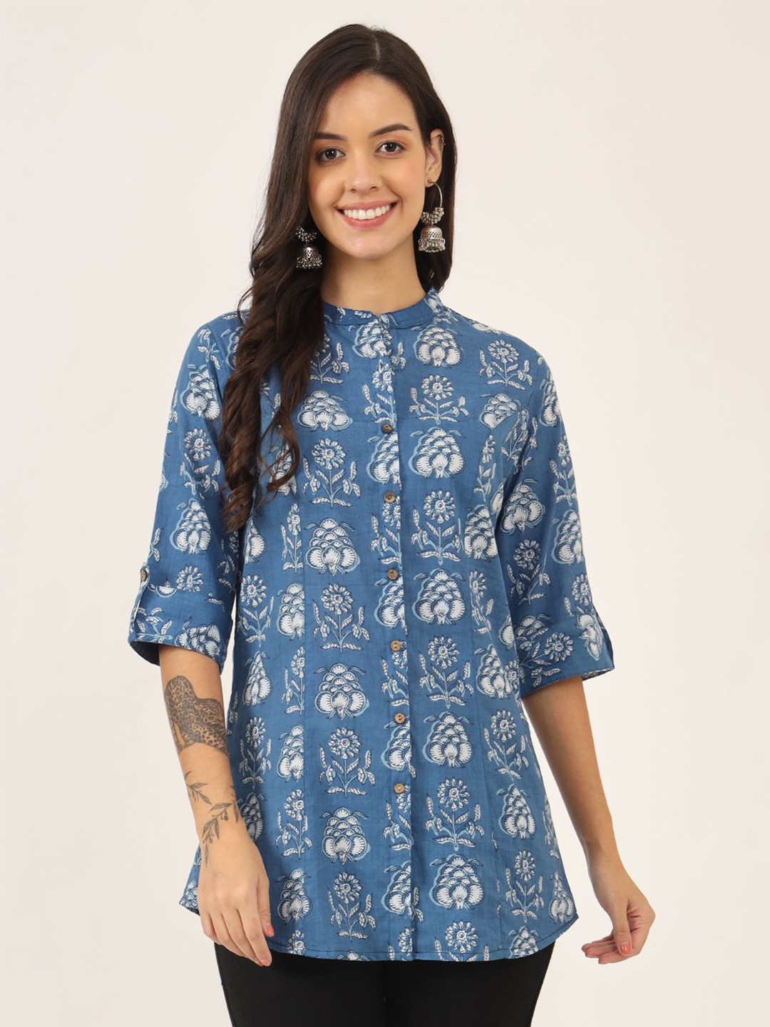 

KALINI Women Floral Printed Mandarin Collar Cotton Top, Blue