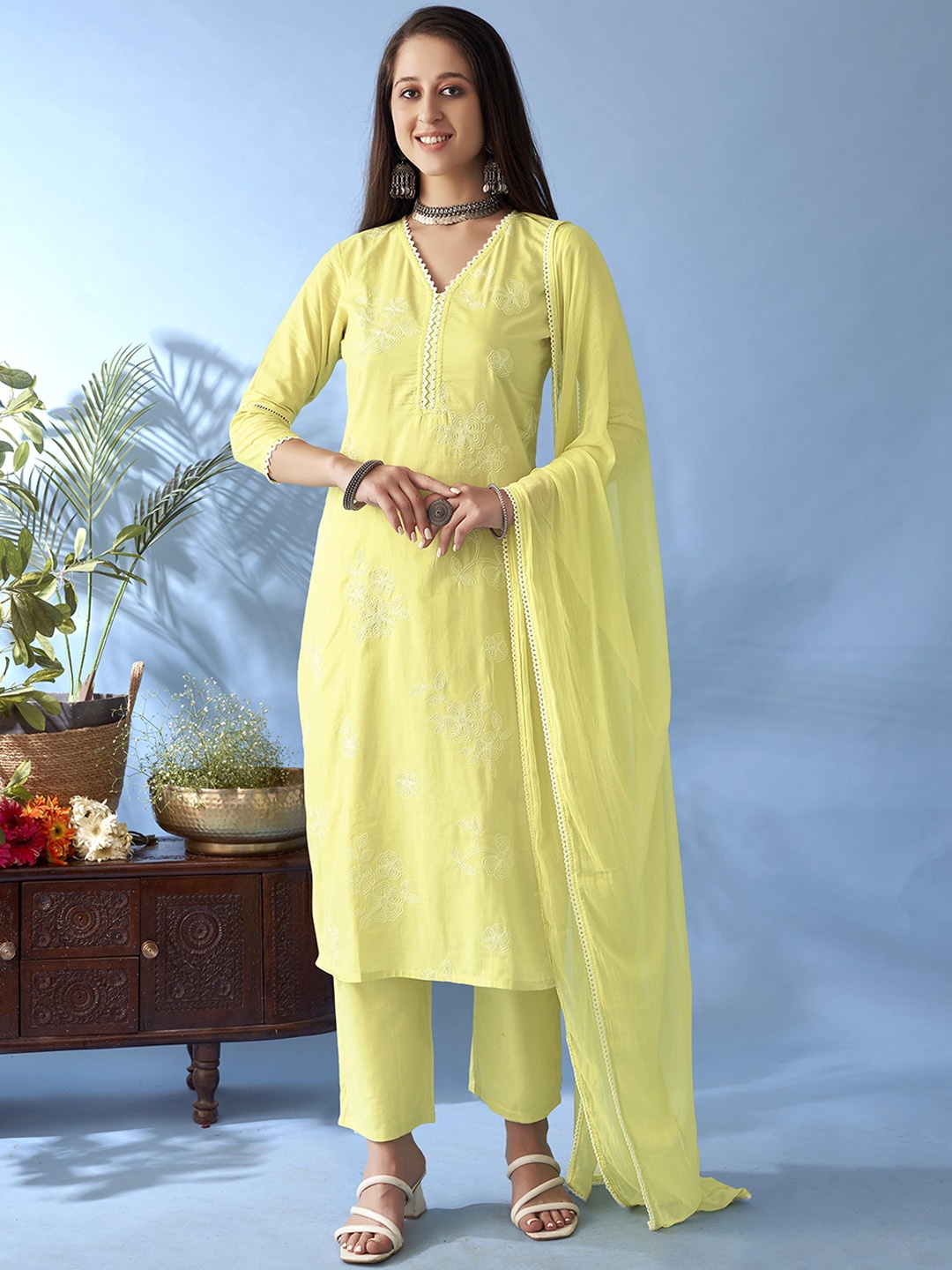 

Anouk Floral Embroidered Thread Work Pure Cotton Straight Kurta With Trousers & Dupatta, Lime green